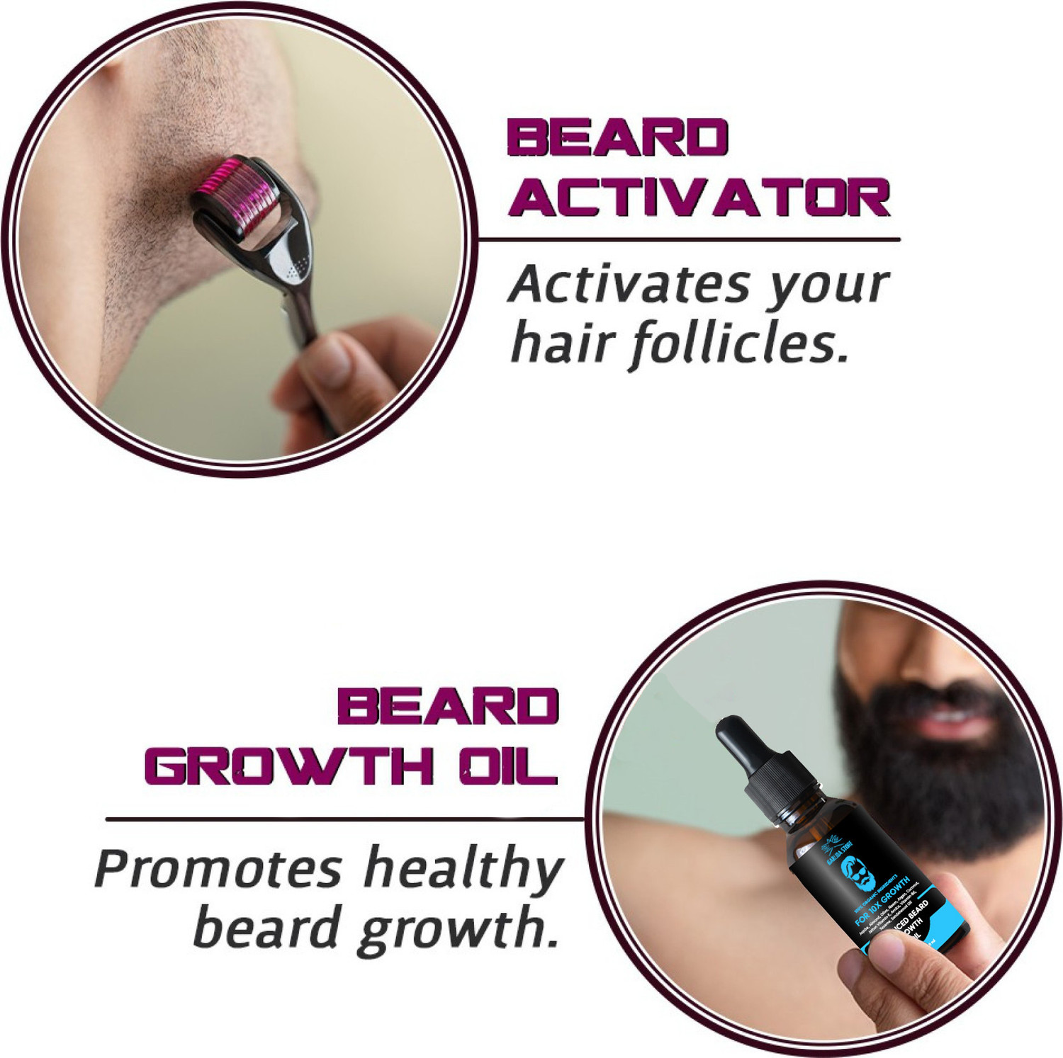 Image of Garuda Store Beardinator Basics, Beard Growth Oil Kit (30ml) & Beard Activator (Derma Roller) 540 titanium needles | Made in India