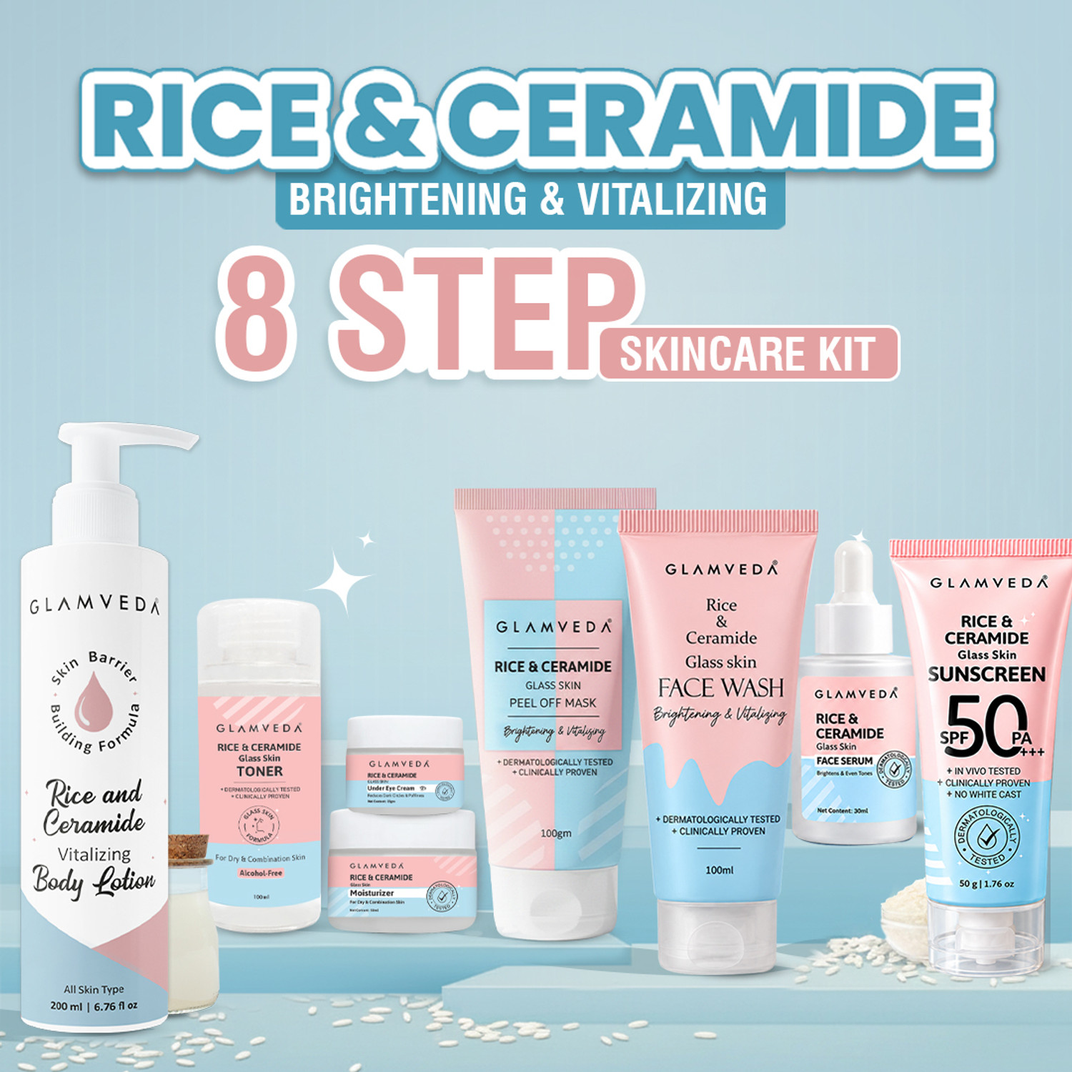 GLAMVEDA Korean Rice & Ceramide 8 Step Weekly Skincare Routine For Women |Skin Brightening combo|