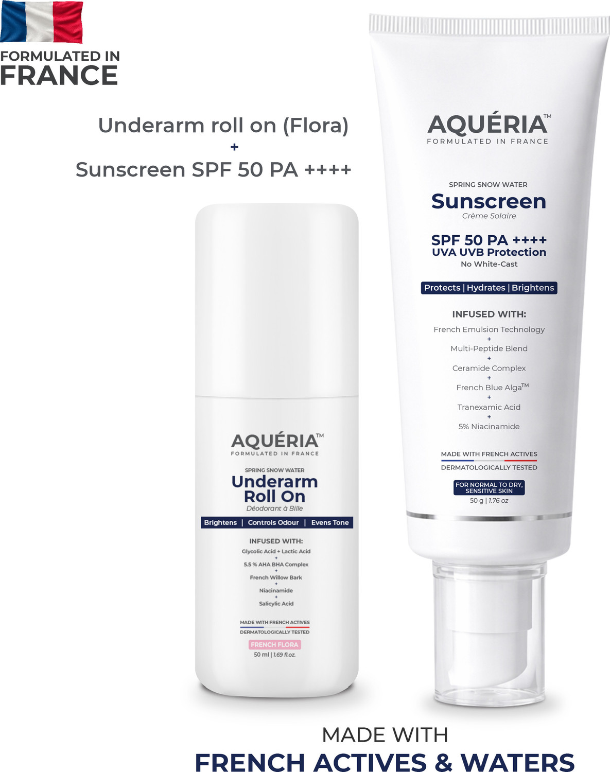 Image of Aqueria Daily Brightening Essentials Kit | Brightening French Sunscreen SPF 50 PA+++ (50g) & 5.5% AHA BHA Underarm Roll On (50ml)