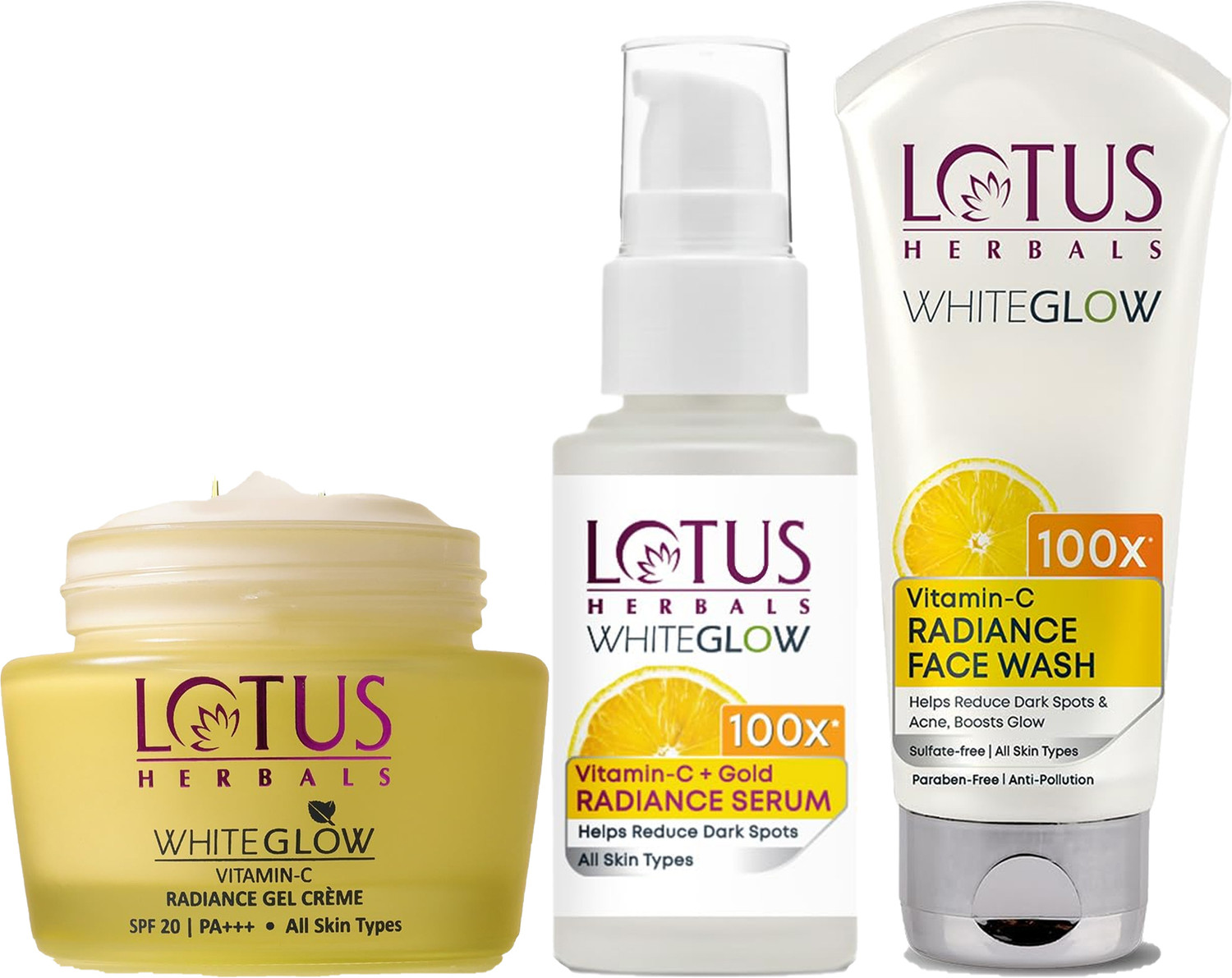 Image of LOTUS HERBALS WHITEGLOW VITAMIN C + GOLD RADIANCE SERUM GEL CREME FACEWASH