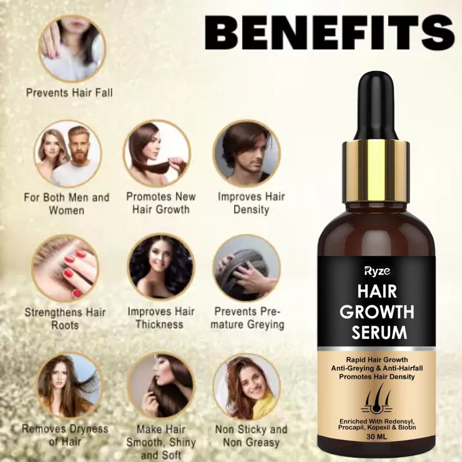 Image of Ryze Advanced Serum - Redensyl, Anagain, Biotin for Hair Growth with derma roller