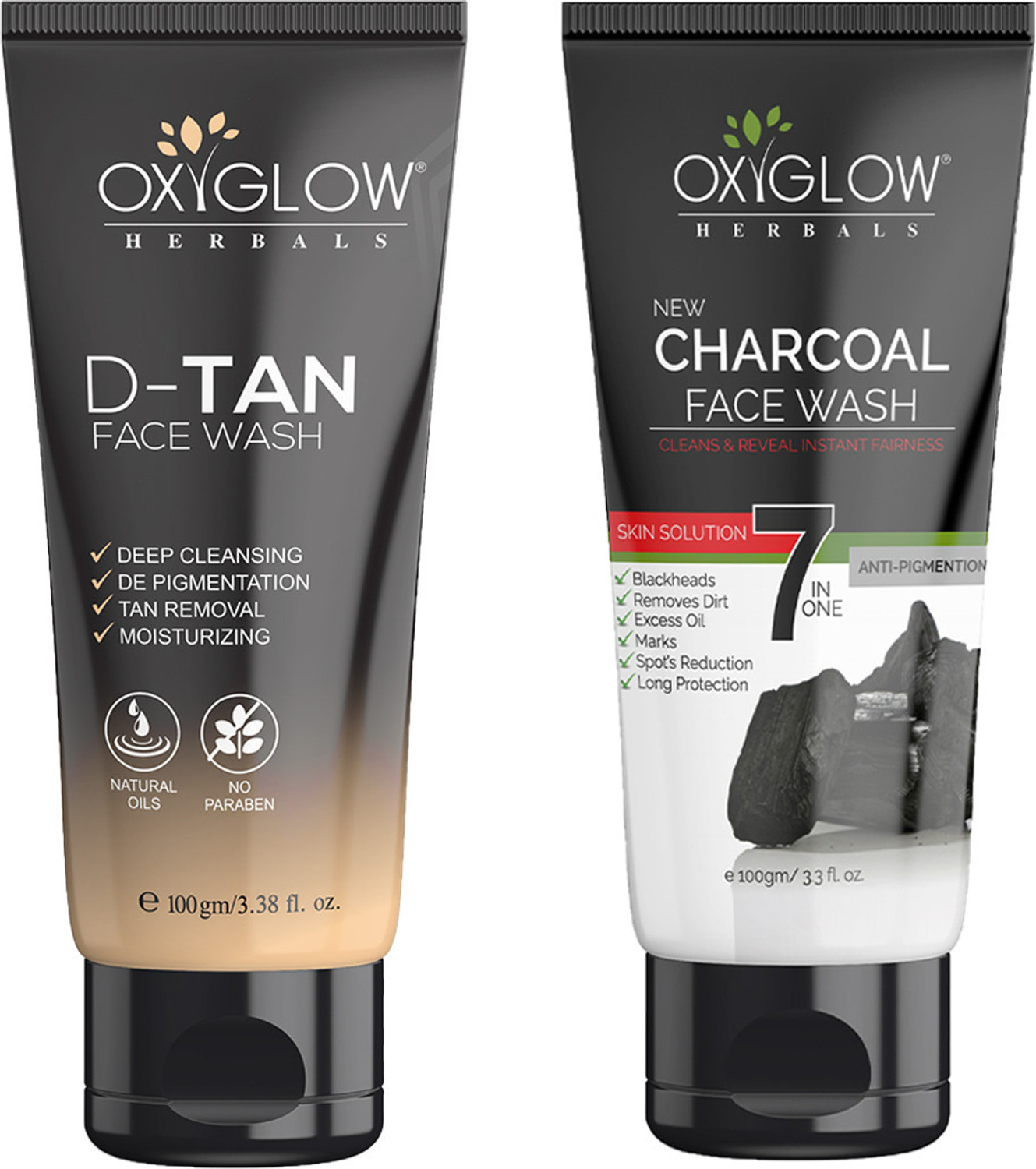 Image of OXYGLOW 7 in One Charcoal Face Wash 100g & D-Tan Face Wash 100g Comb