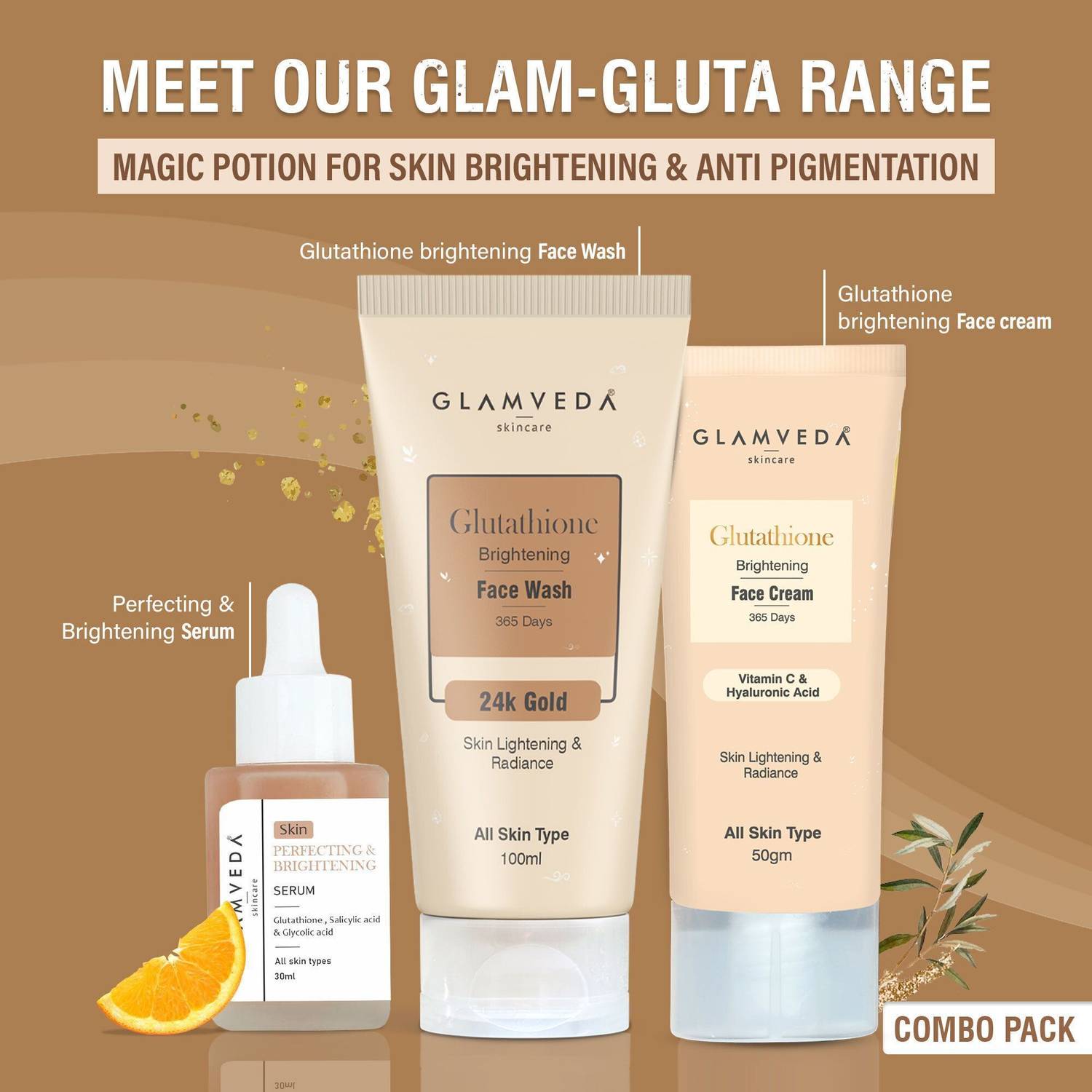 glutathione original skin whitening soap by magic potions GLAMVEDA Glutathione Skin Perfecting Brightening & Dark Spots Removal 3  Steps Skincare Routine ( Face Wash + Face Cream + Face Serum )