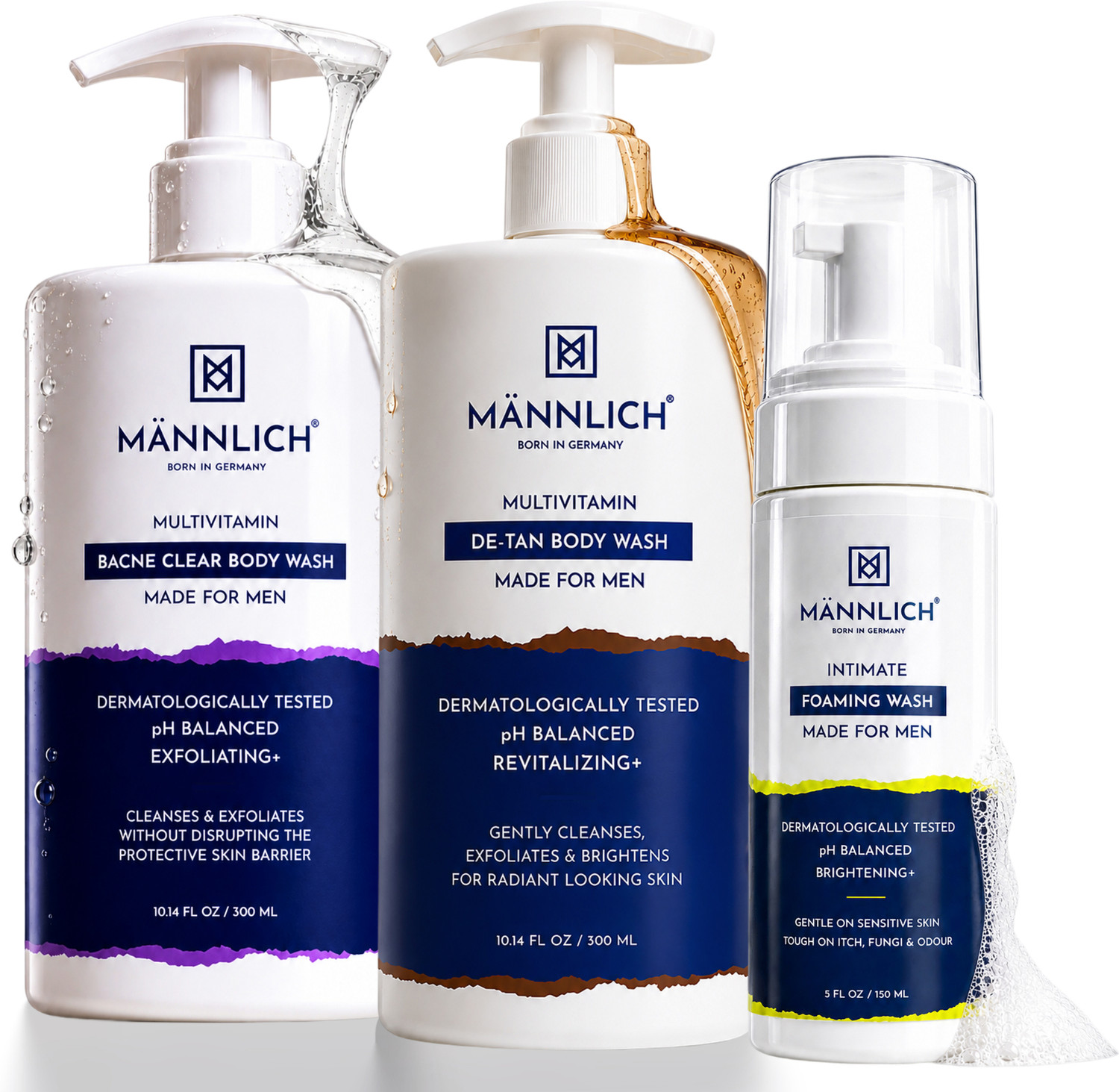 Image of Mannlich Full Body Wash Kit | De-Tan Body Wash + Bacne Body Wash + Intimate Foaming Wash | Complete Body Cleansing