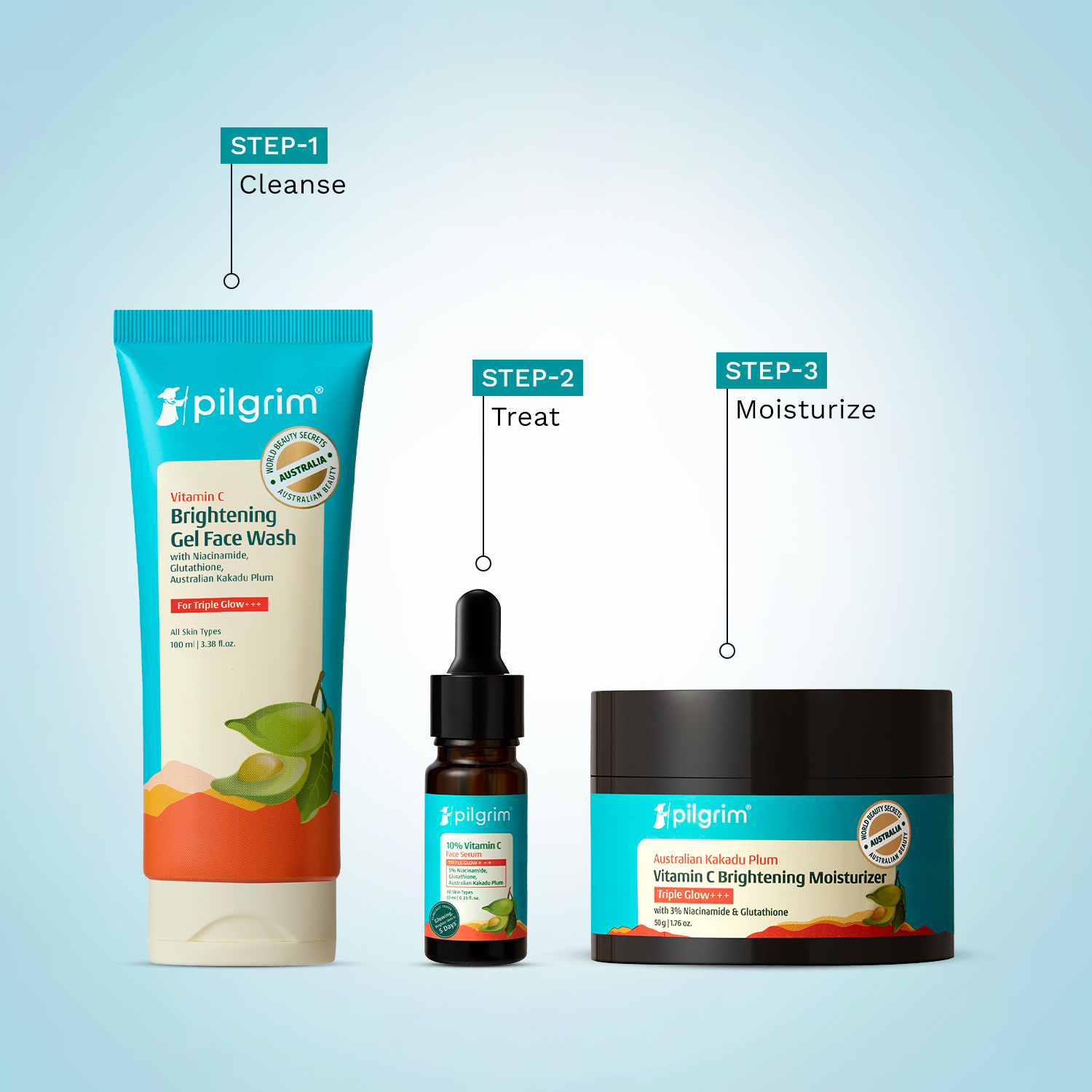 Image of Pilgrim 10% Vitamin C Face Serum (10ml) + Vitamin C Gel Face Wash + Australian Kakadu Plum Brightening Glow Face Moisturizer (50g)