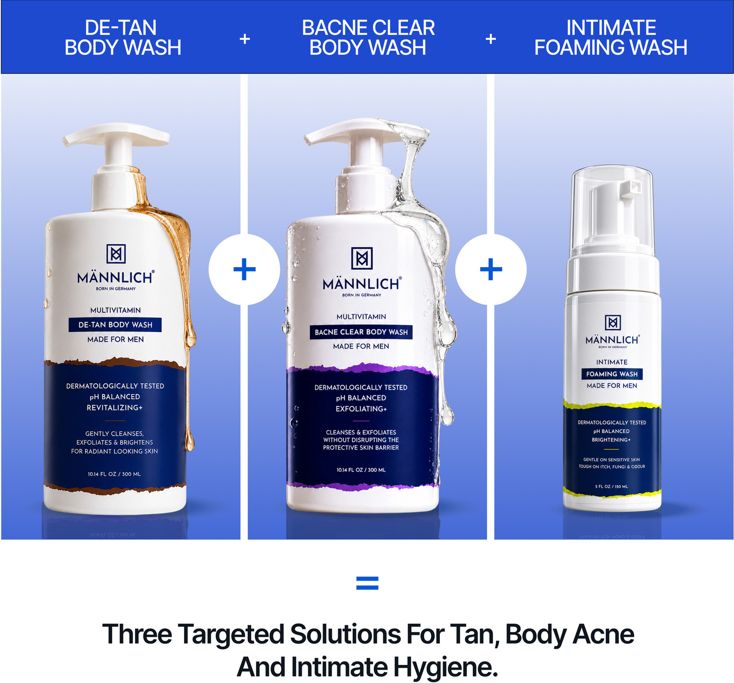 Image of Mannlich Full Body Wash Kit | De-Tan Body Wash + Bacne Body Wash + Intimate Foaming Wash | Complete Body Cleansing