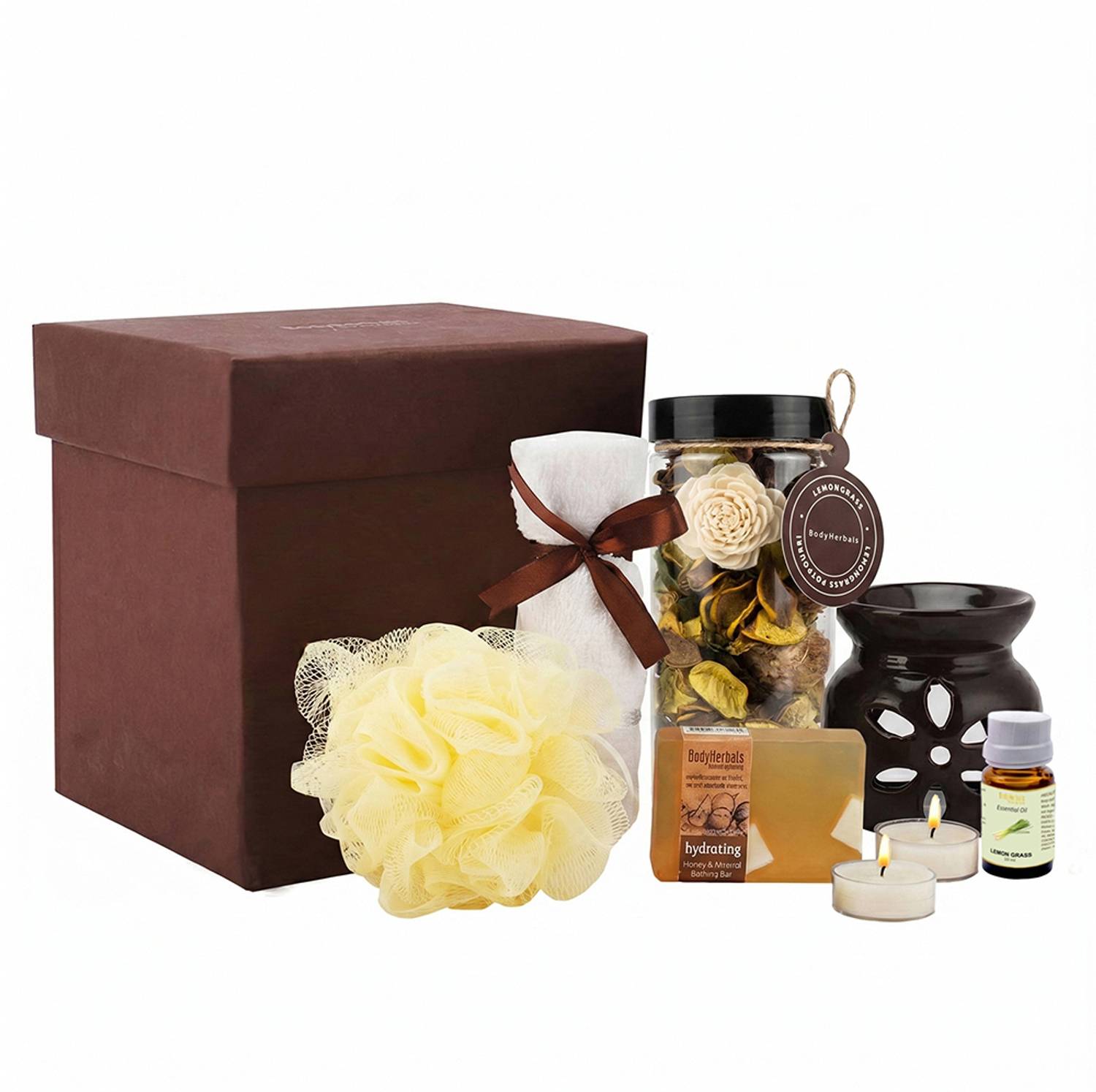 BodyHerbals Honey & Almond Soap Spa Set - Combo Gift Set For Men And Women, Gift Hamper For Men And Women, Gift Set For Ultimate Bath & Body Spa Beauty Kit, Stress Relief Bath, Hydrating Bath & Body Care Kit (Honey & Almond Bathing Bar 100gms, Face Terry Towel, Aroma Diffuser, Lemon Grass Potpourri, Bath Puff, 2 Tea Lights) Skin Care Set & Kits (6 Items in the set)