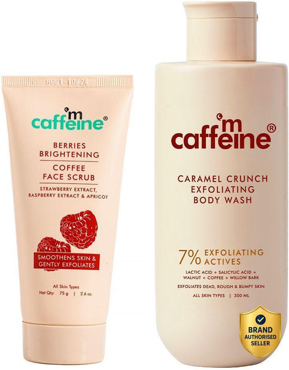 Image of mCaffeine Brightening & Exfoliating Face & Body Combo|Caramel Body Wash+Berries Face Scrub