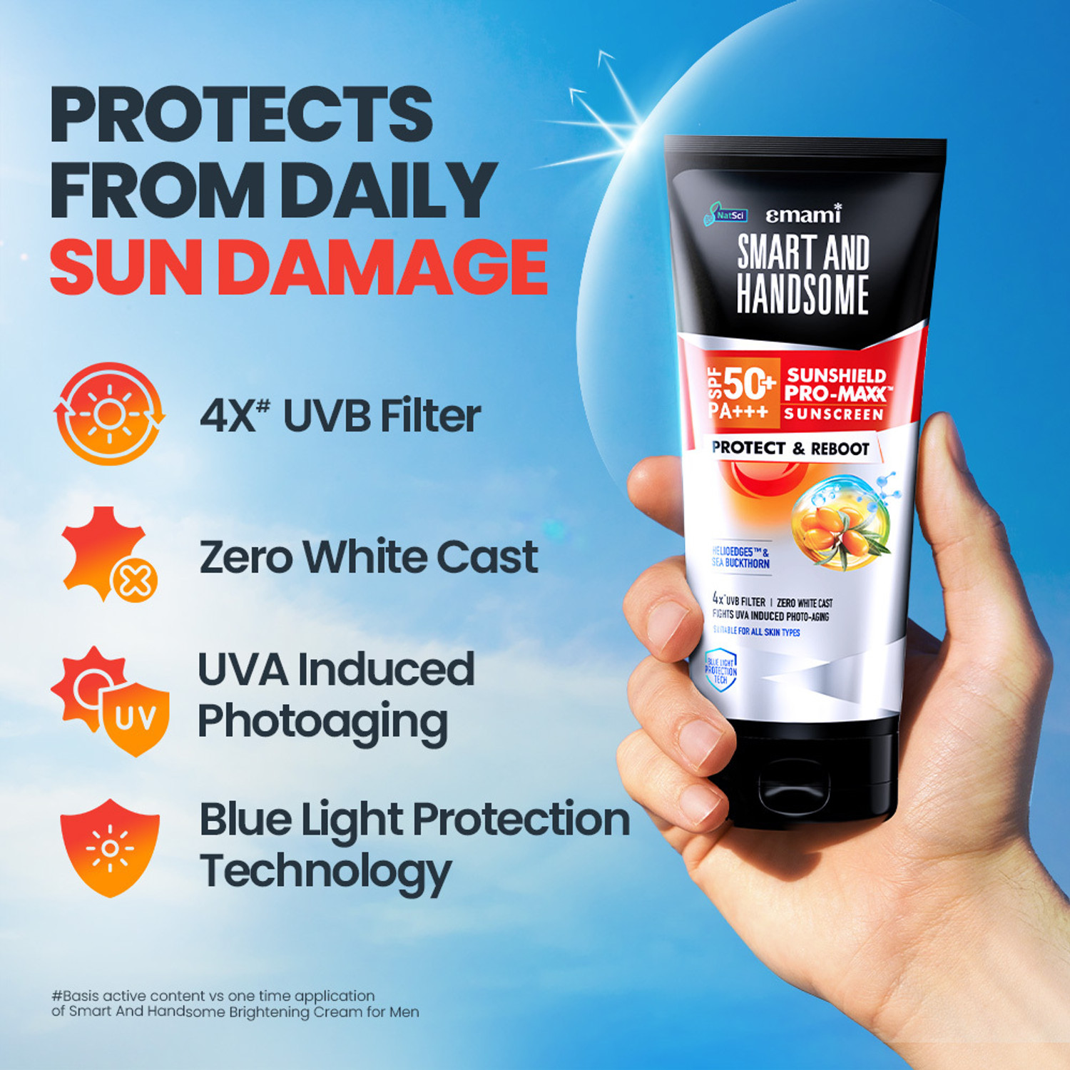 Image of Smart and Handsome Sunscreen - SPF 50+ PA+++ Sunshield Pro Maxx, Protect & Reboot, Sunscreen for Men, Zero white cast