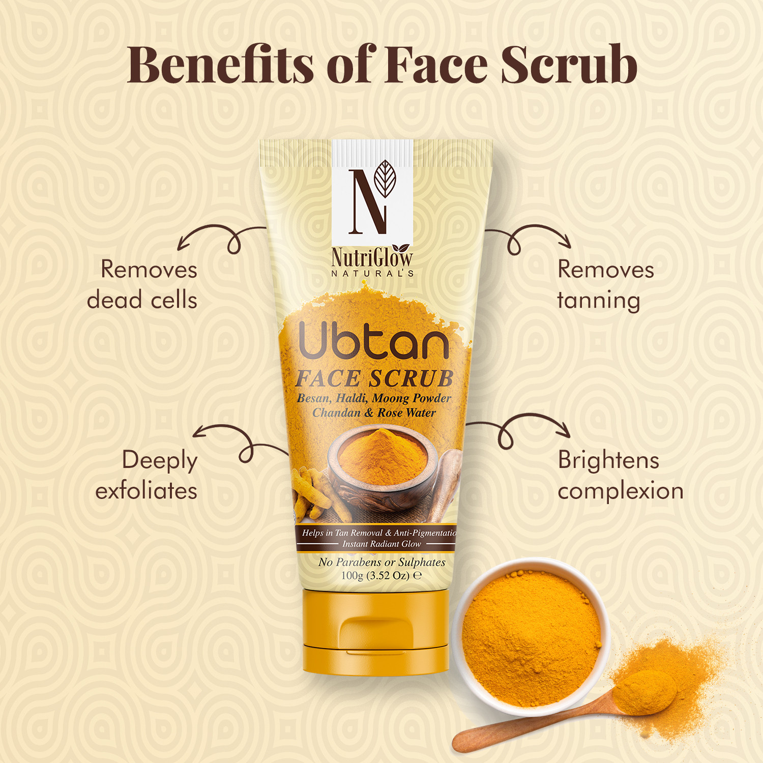 Image of NutriGlow NATURAL'S Ubtan Face & Body Scrub with Besan, Moong Powder for Tan Removal, 100g Scrub