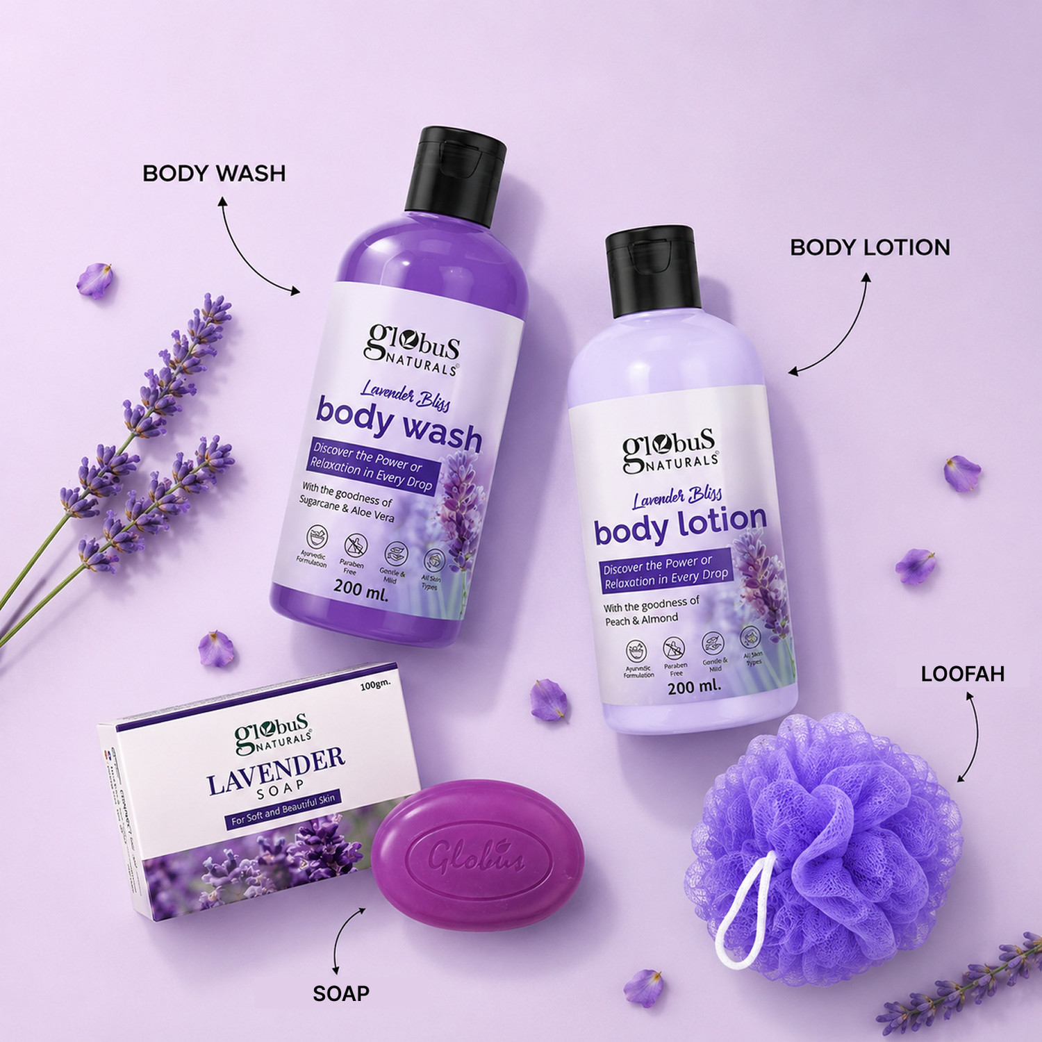 Image of Globus Naturals Rakhi Special Lavender Skincare Gift Combo for Women | Body Wash 200ml, Body Lotion 200ml, Soap 100g & Loofah