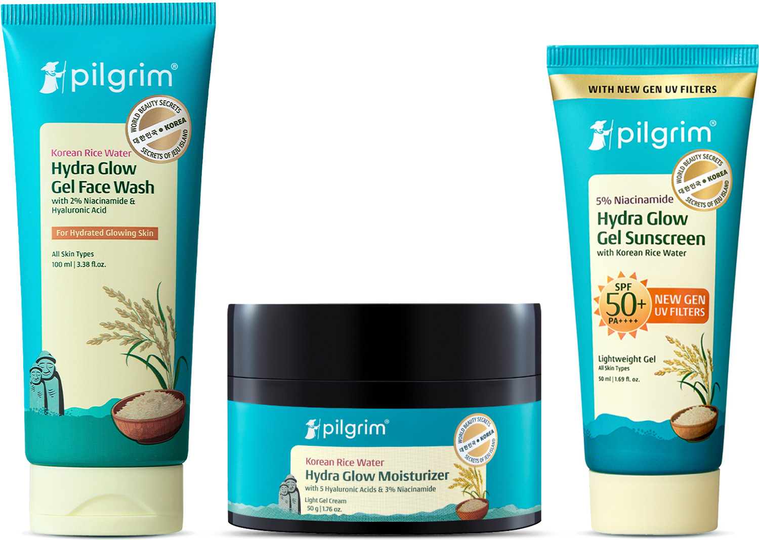 Image of Pilgrim Korean Rice Water Facewash, Hydra Glow Moisturizer & Gel Sunscreen Combo