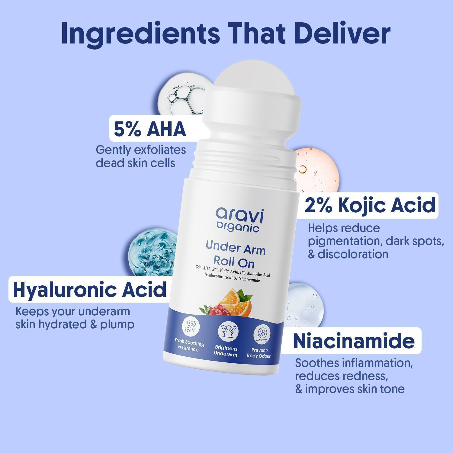 Image of Aravi Organic Brightening Underarm Roll On | 2% Kojic Acid 5% AHA for Odour & Pigmentation Deodorant Roll-on - For Men & Women
