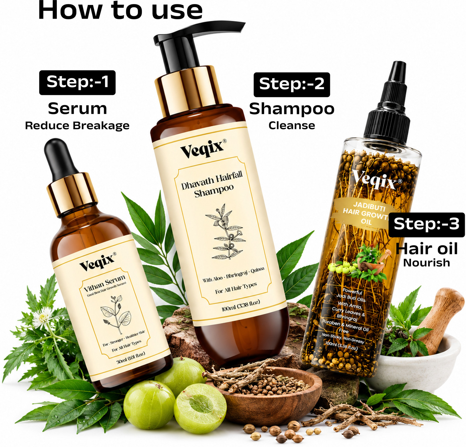 Image of veqix Jadibuti Kit with Herbs Infused Oil, Hairfall Shampoo & Hair Growth Serum (3 Items in the set)