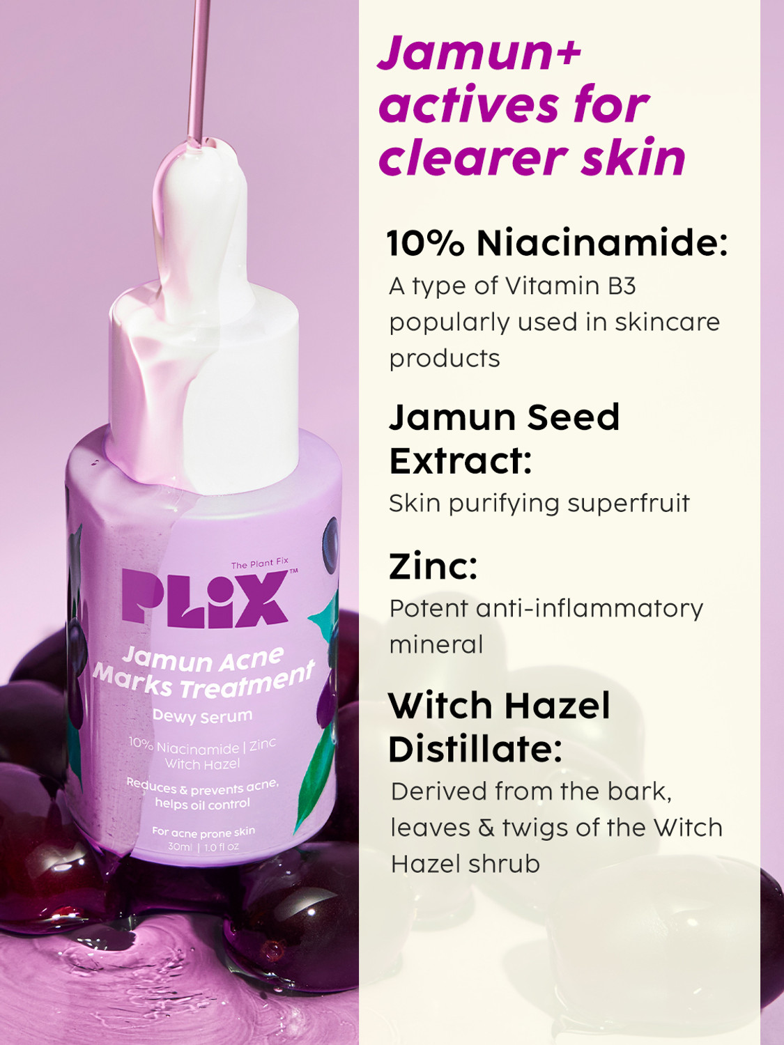 Image of The Plant Fix Plix 10% Niacinamide Jamun Face Serum for Acne marks, blemishes & oil control
