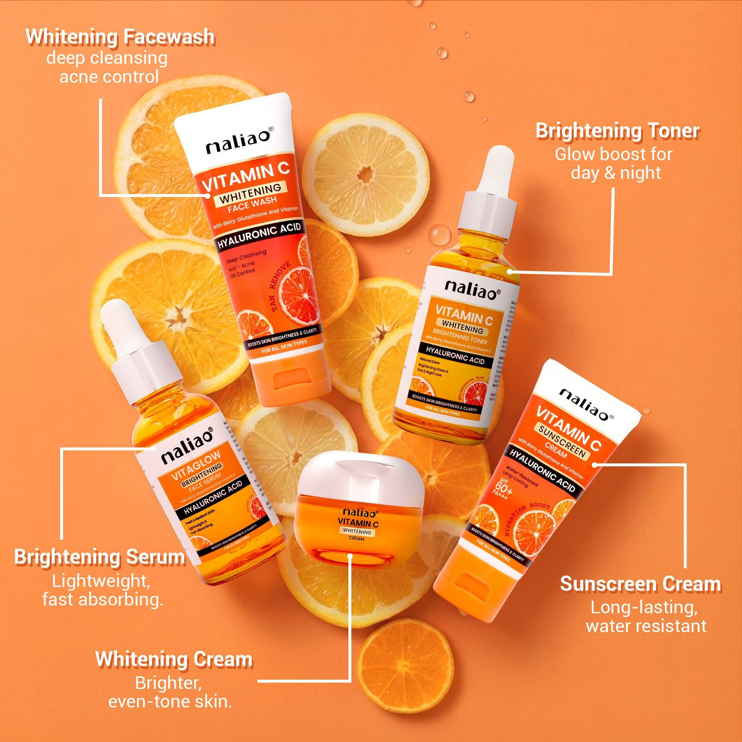 Image of maliao Makeup 5 Piece Organic Vitamin C Skin Care Set ( Sunscreen + Serum + Face Wash + Whitening Cream + Toner ) 330g