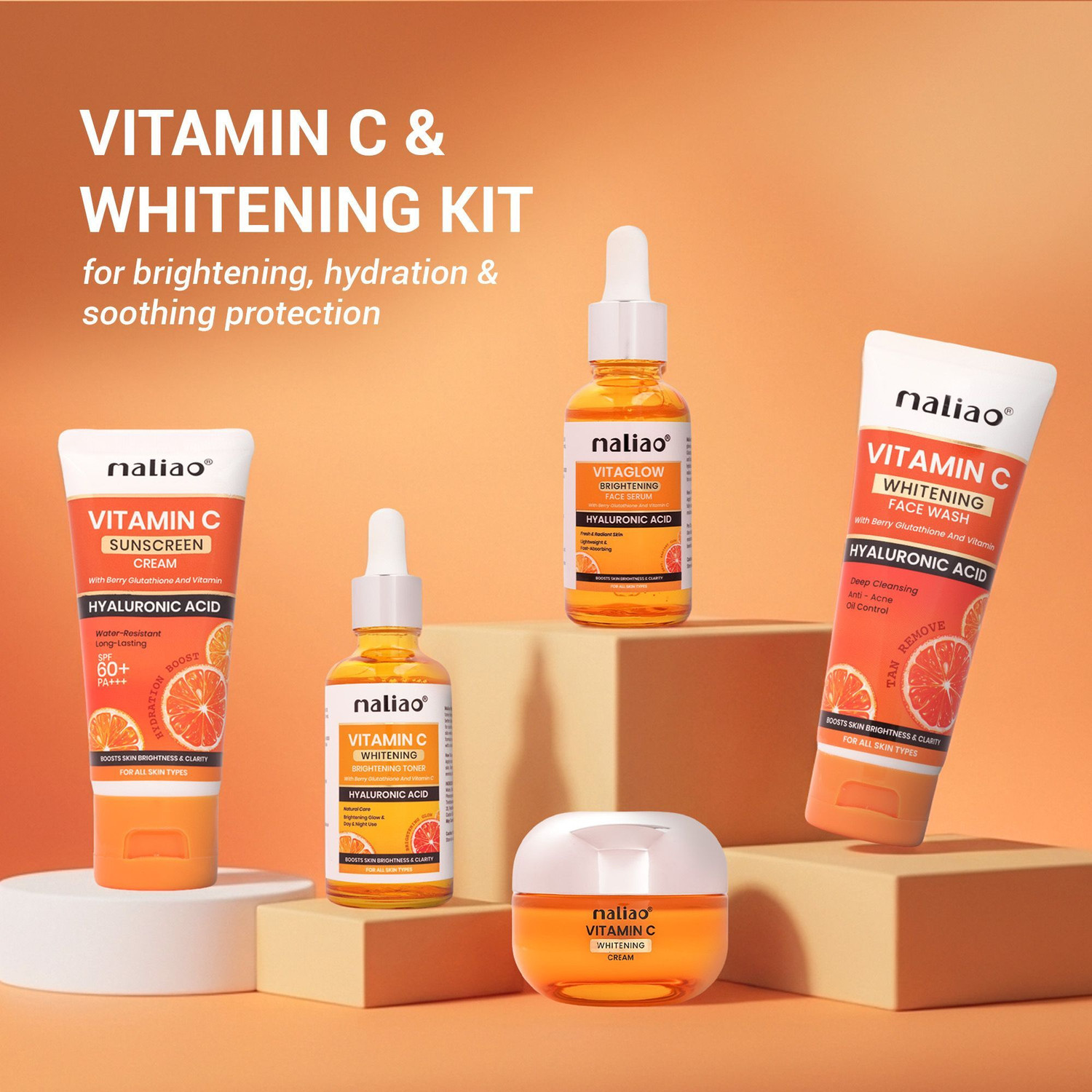 Image of maliao Makeup 5 Piece Organic Vitamin C Skin Care Set ( Sunscreen + Serum + Face Wash + Whitening Cream + Toner ) 330g