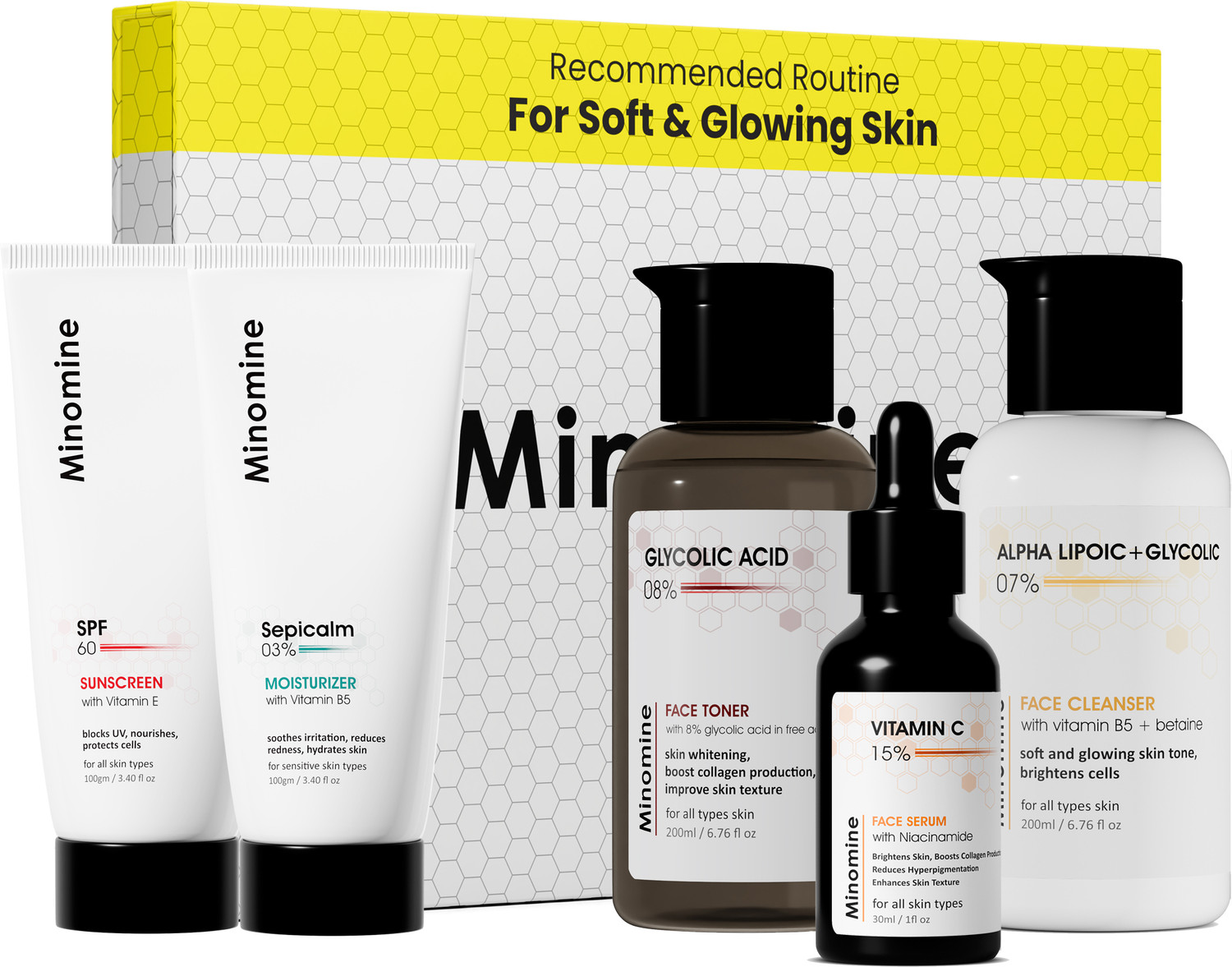 Image of Minomine Gamechangers Skincare Routine Kit for Soft & Glowing Skin, Unisex | Cleanser, Serum, Toner, Moisturizer & Sunscreen | Combo Kit