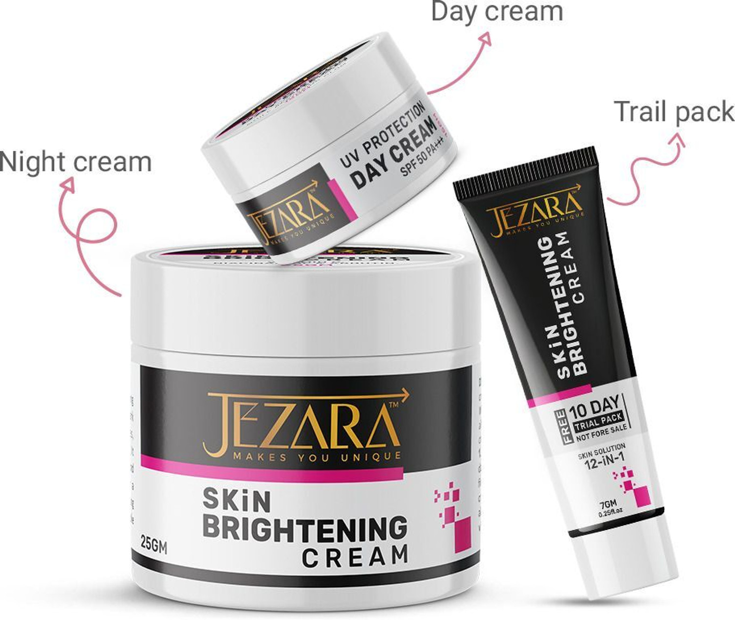 Image of JEZARA 3 Pcs Skin Care Combo | UV Protection & Brightening Day & Night Cream + 10 Days Trial | Niacinamide & Vitamin C | Radiant Skin