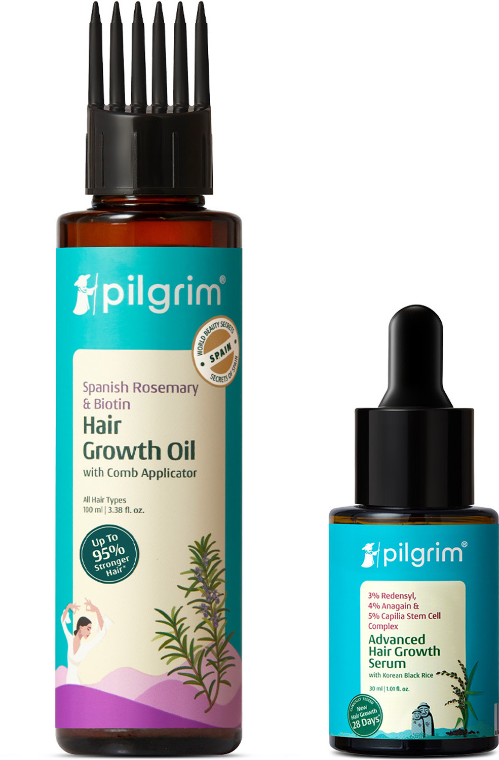 Image of Pilgrim Spanish Rosemary & Biotin Hair Oil (100ml) + 3% Redensyl, 4% Anagain Advanced Hair Growth Serum (30ml) | Hair Growth