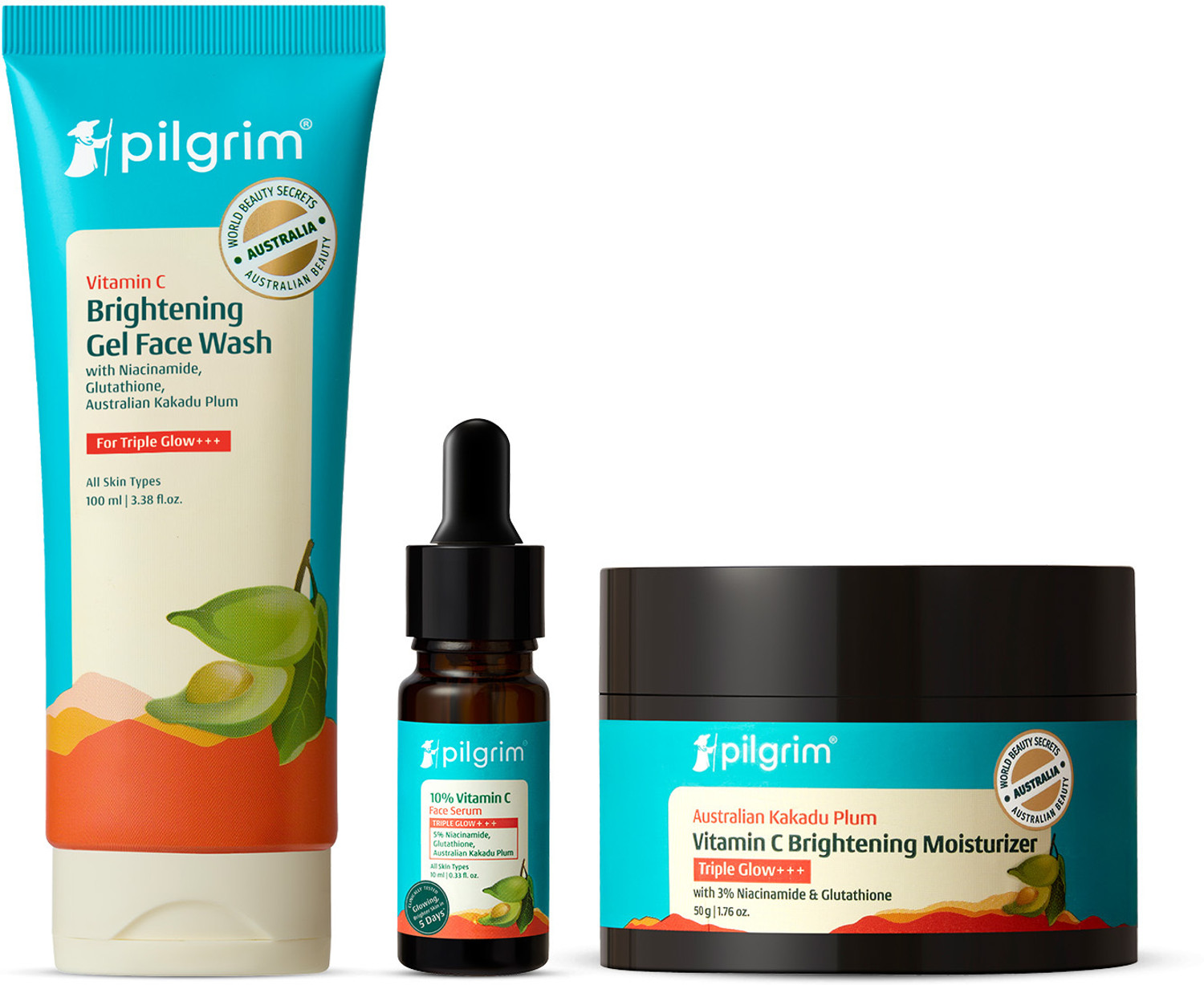Image of Pilgrim 10% Vitamin C Face Serum (10ml) + Vitamin C Gel Face Wash + Australian Kakadu Plum Brightening Glow Face Moisturizer (50g)