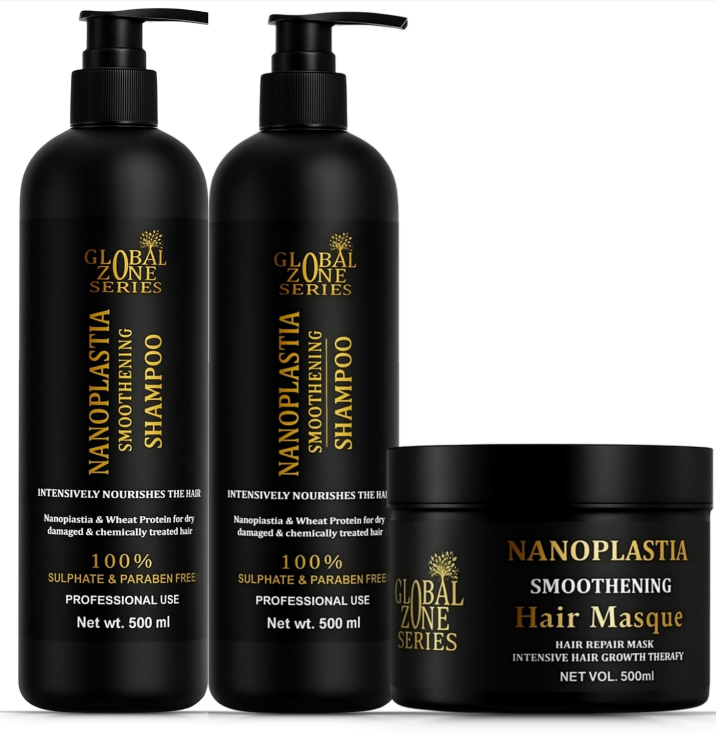 GLOBAL ZONE SERIES Premium Nanoplastia Smoothing Shampoo and hair mask 500 Sulfate & Paraben Free,