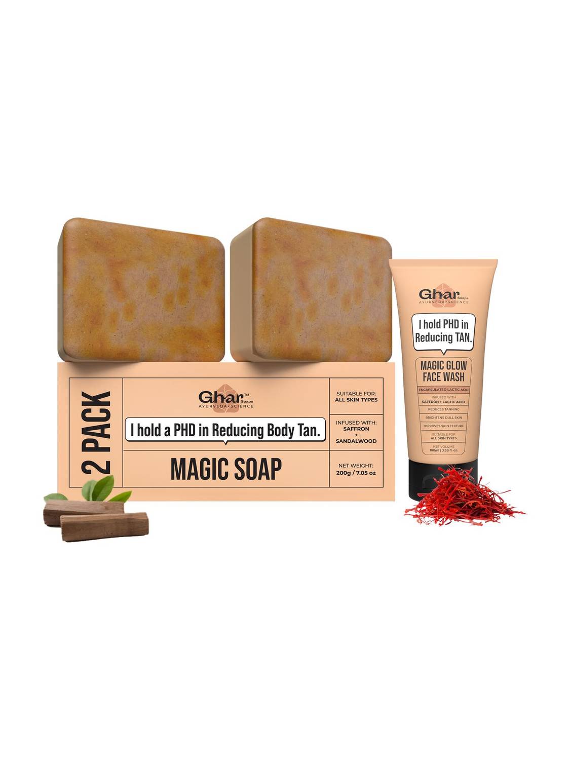 घर सोप्स De-Tan Magic Combo - Magic Soap Pack of 2 & Magic Facewash - Image 1