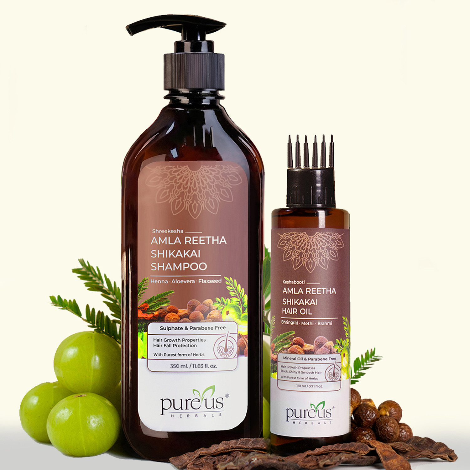 Pureus Herbals Amla Reetha Shikakai Shampoo & Hair Oil Combo – Ayurvedic Hair Fall Control & Hair Growth Solution