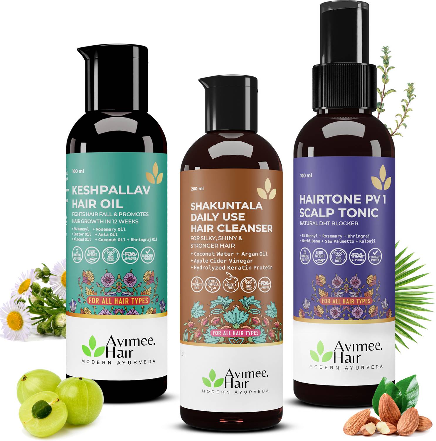 Avimee Herbal Hair Care Kit: Growth & Nourishment: Oil & Scalp Spray (100ml), Cleanser (200ml)