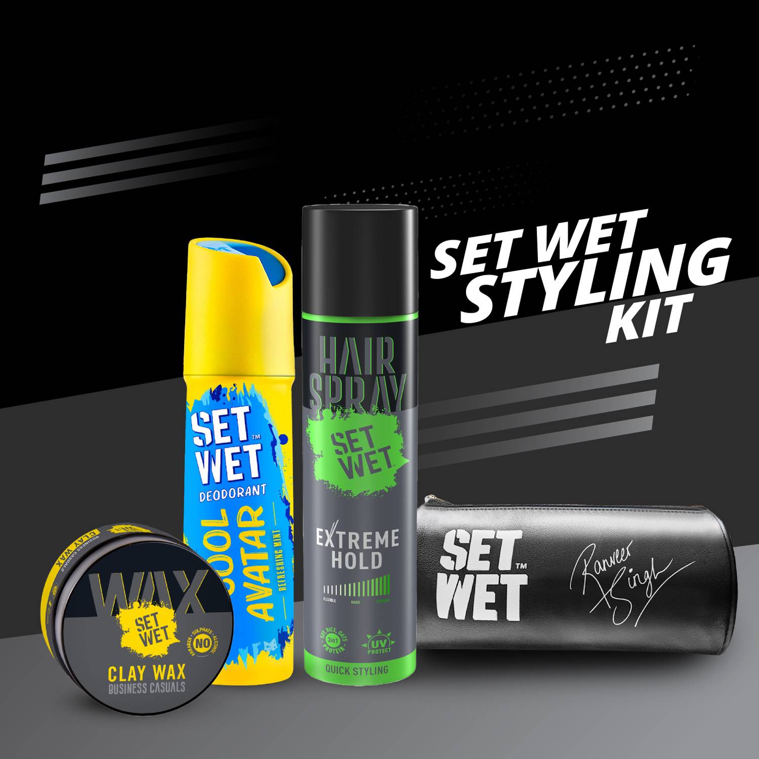 SET WET Men's Styling Kit-Deodorant(150ml),Clay Hair Wax(60g),Hair Spray(200ml) & Pouch Deodorant Spray - For Men