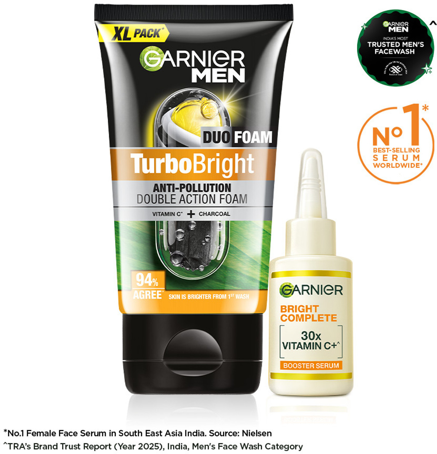 Image of Garnier Men Brightening Duo - Turbo Bright 150g + Vit C Serum 8ml Face Wash