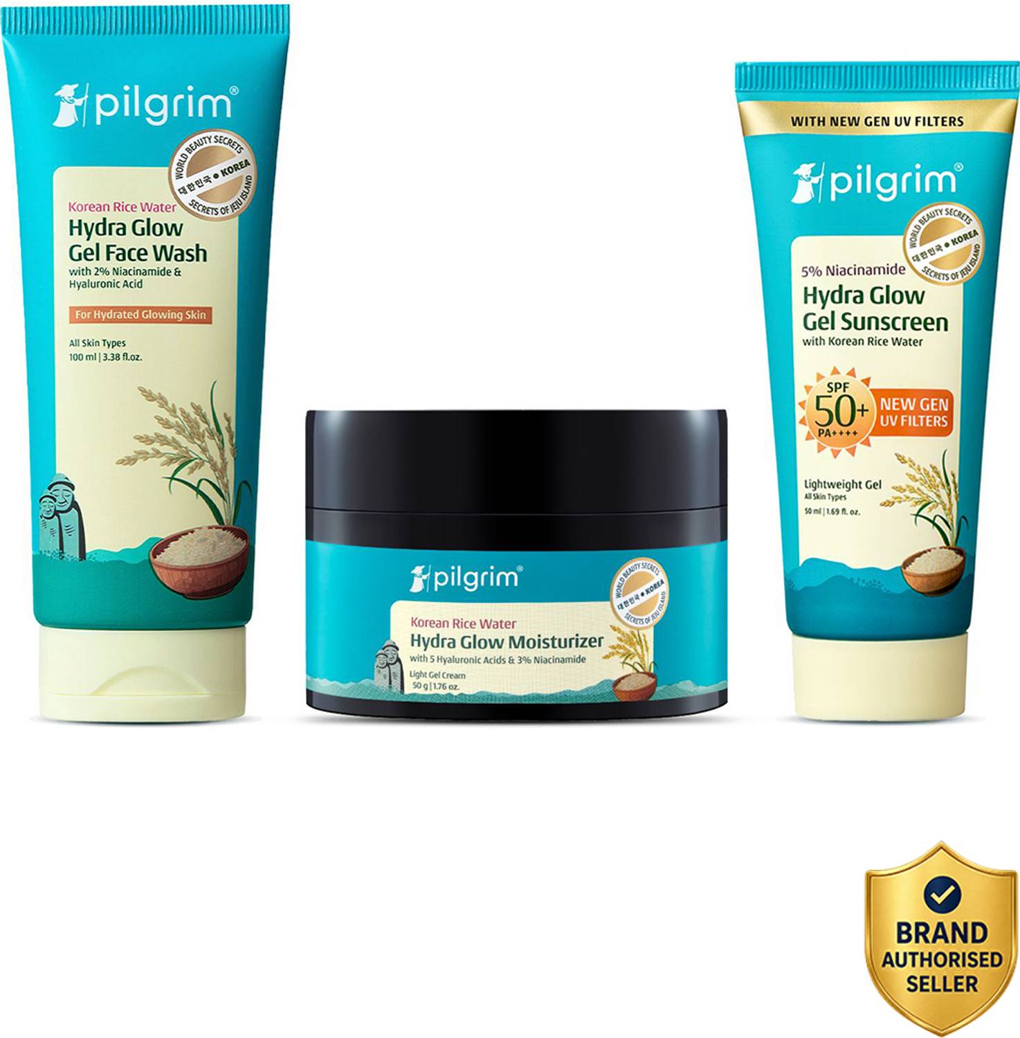 Pilgrim Korean Rice Water Facewash, Hydra Glow Moisturizer & Gel - Image 1