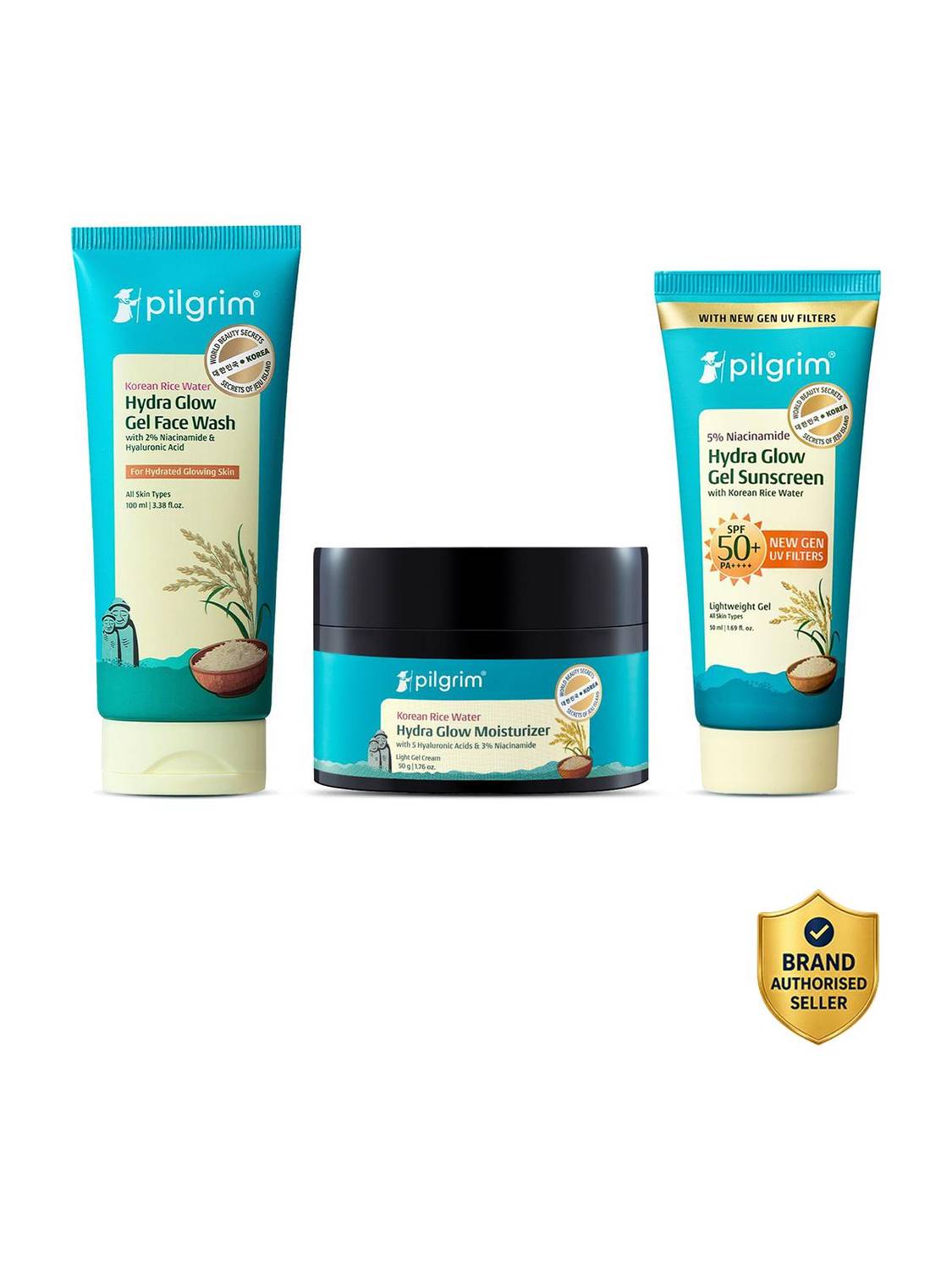 Pilgrim Korean Rice Water Facewash, Hydra Glow Moisturizer & Gel - Image 1