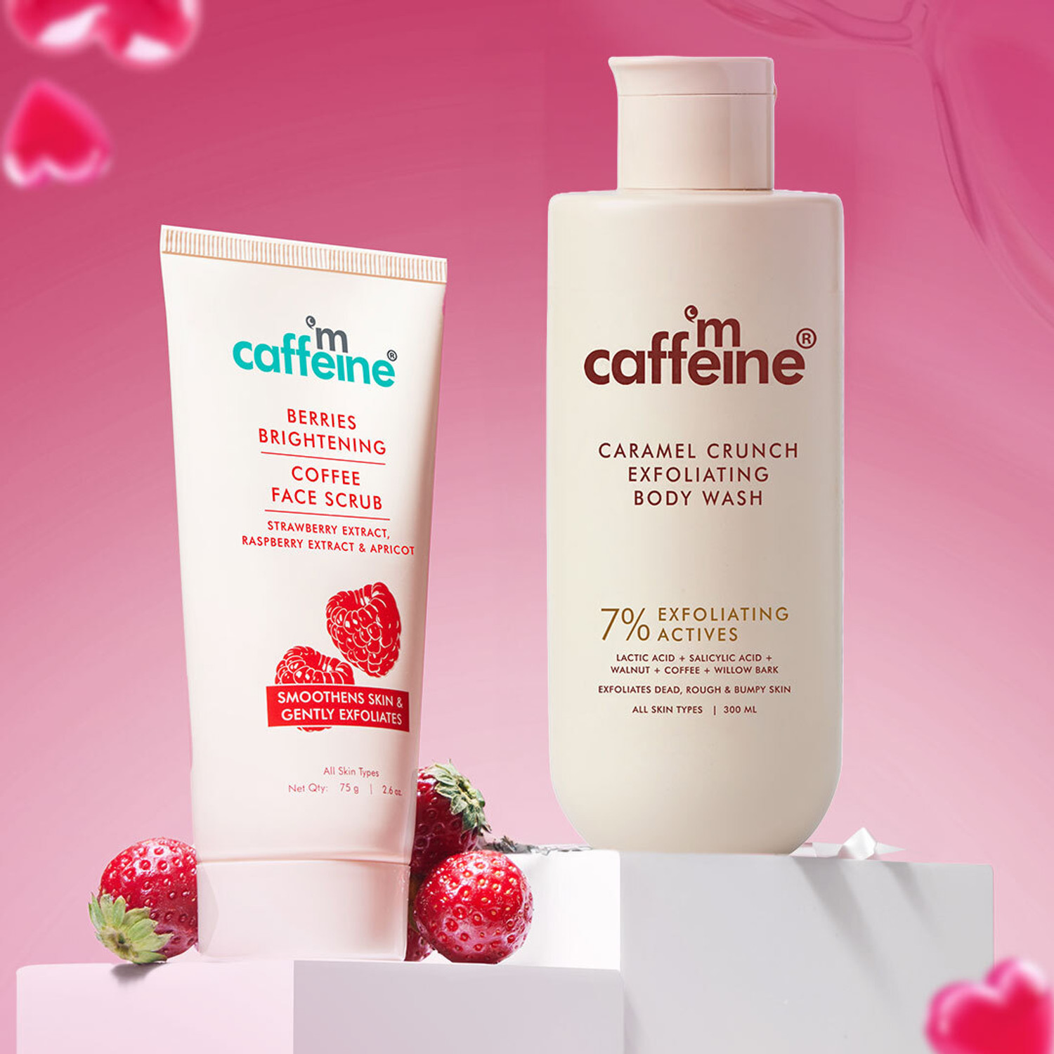 Image of mCaffeine Brightening & Exfoliating Face & Body Combo|Caramel Body Wash+Berries Face Scrub