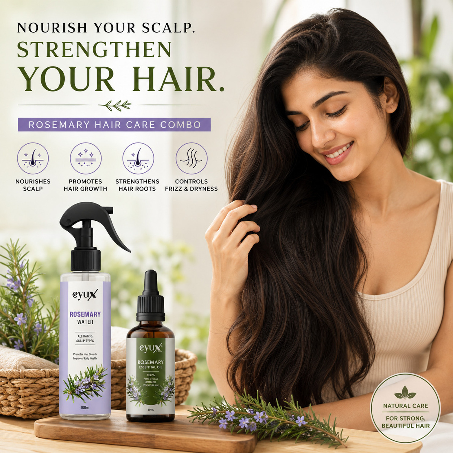 Image of eyux rosemary water spray and rosemary essential oil combo for scalp care hair nourishment and hair root support