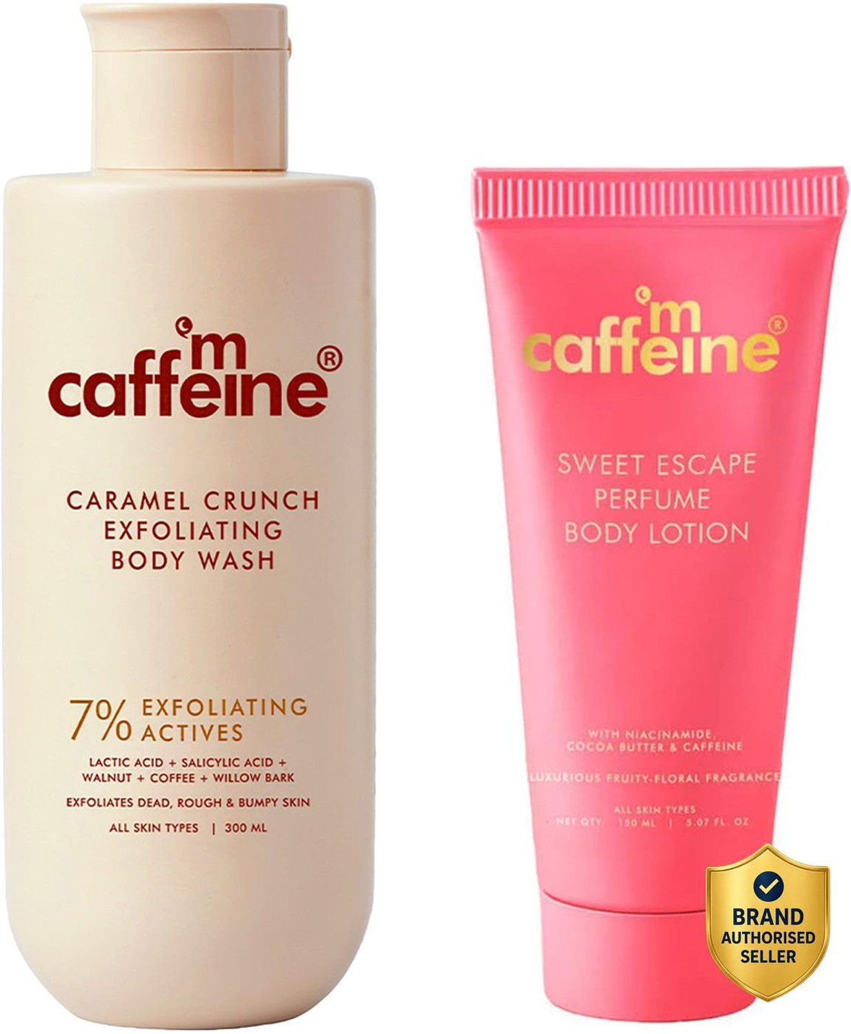 Image of mCaffeine Exfoliating & Perfumed Body Care Combo | Caramel Body Wash & Sweet Escape Lotion