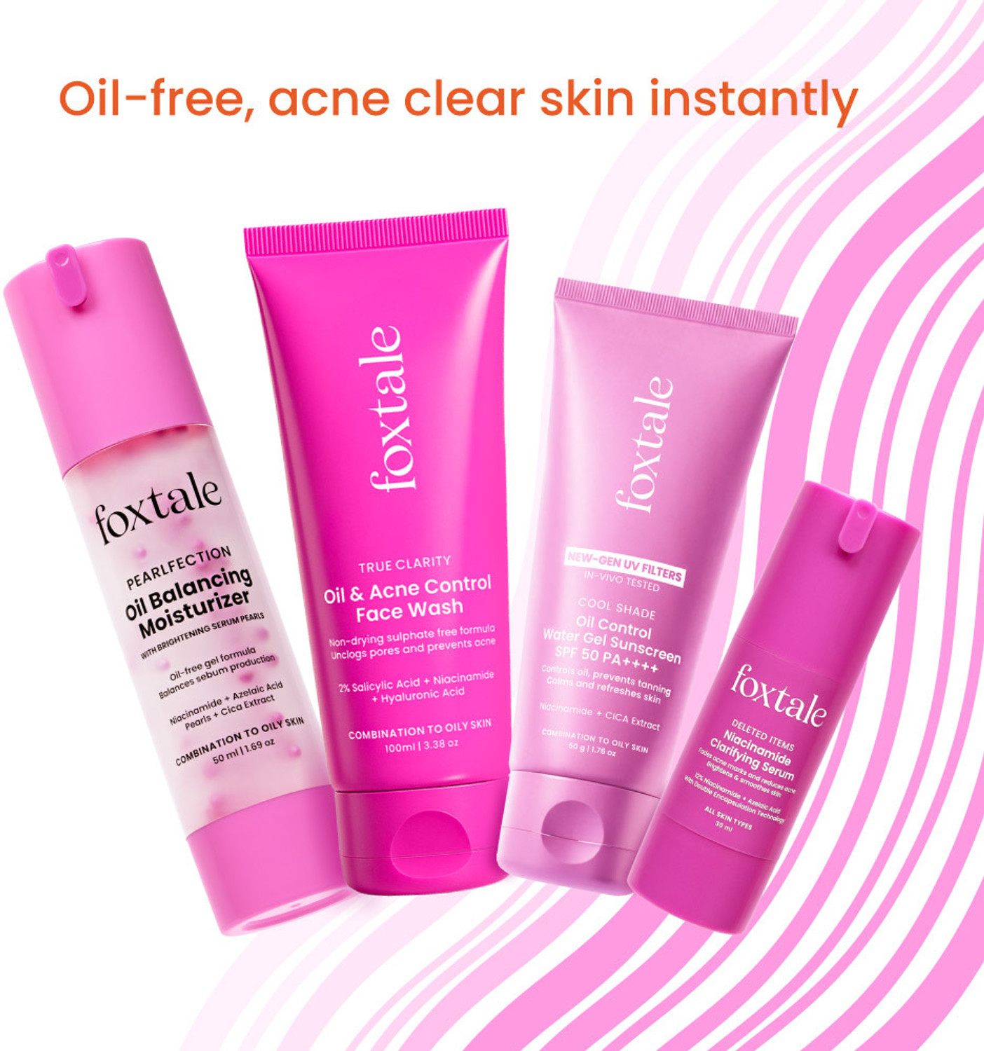 Image of Foxtale Oil-Free Kit - Clears Acne, Brightens, Hydrates Skin & Controls Oil, 4-Product Combo (4 Items in the set)