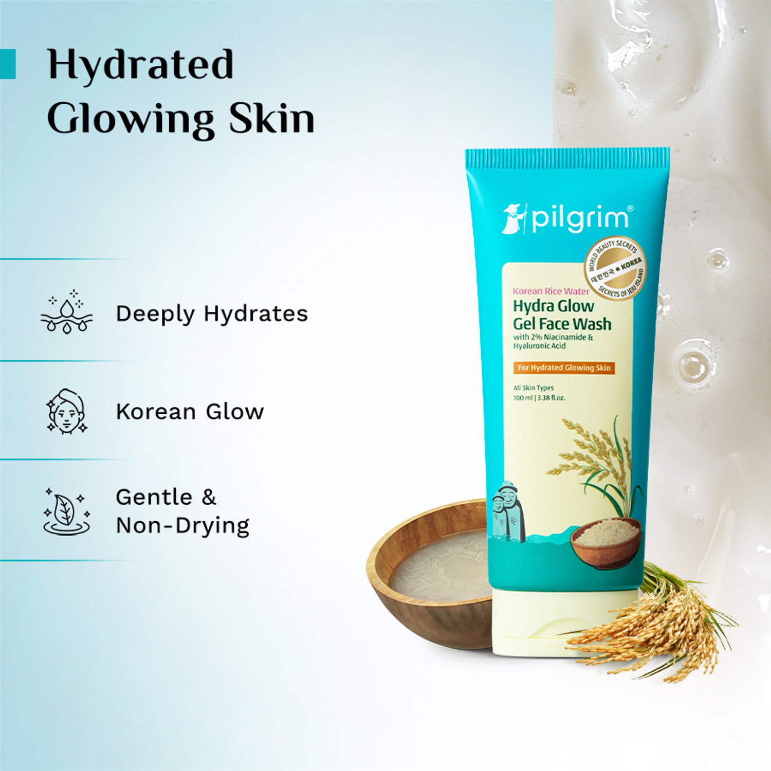 Image of Pilgrim Korean Rice Water Facewash, Hydra Glow Moisturizer & Gel Sunscreen Combo
