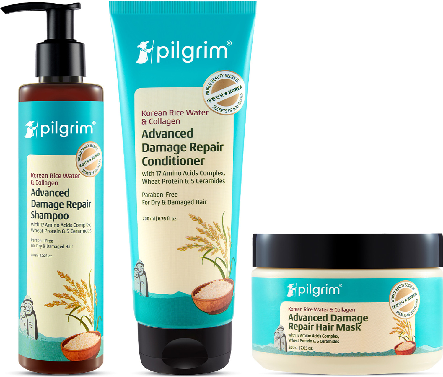 Pilgrim Korean Rice Water & Collagen Advanced Damage Repair Shampoo (200ml) + Damage Repair Conditioner (200ml) + Hair Mask (200g)
