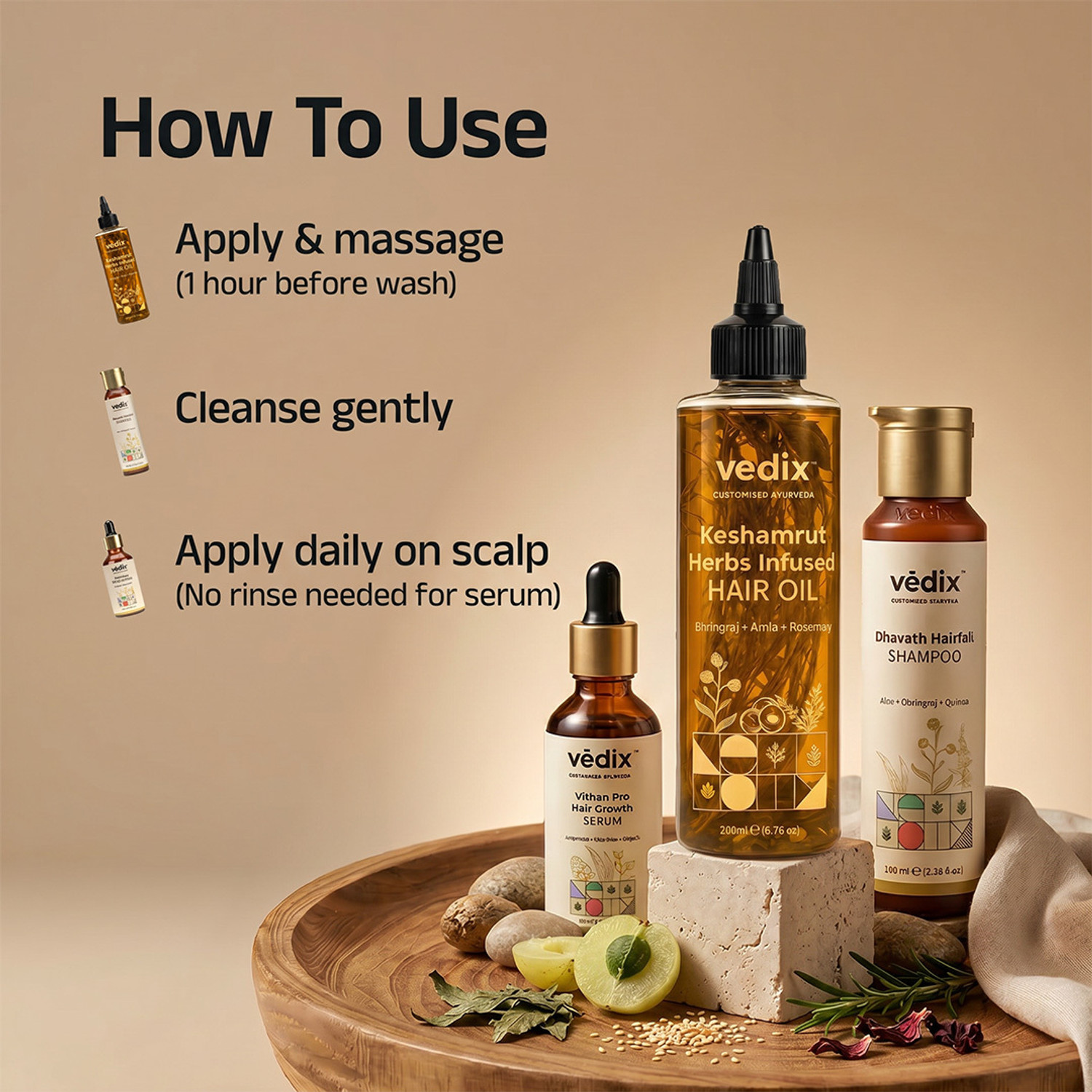 Image of Vedix Keshamrut Kit with Herbs Infused Oil, Hairfall Shampoo & Hair Growth Serum