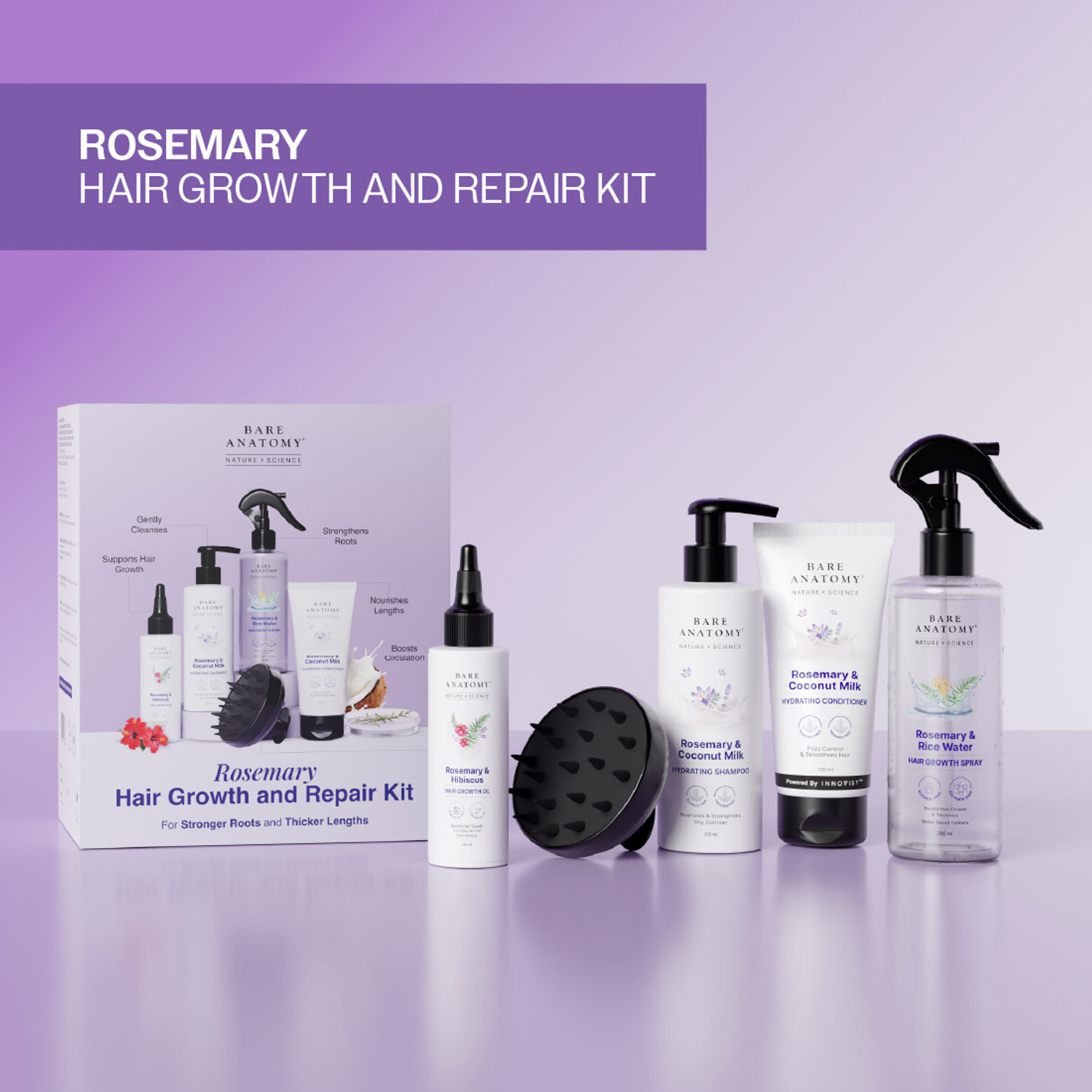Image of BARE ANATOMY Rosemary Hair Growth Kit | Hair Spray, Shampoo, Conditioner,Oil & Scalp Massager