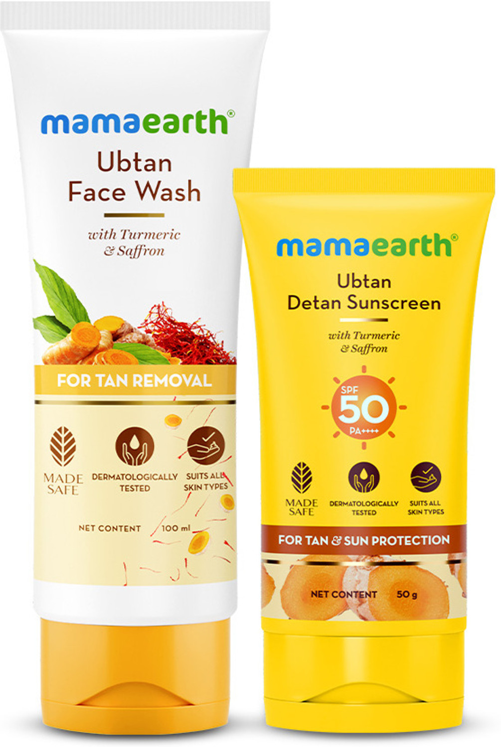 Image of Mamaearth Ubtan Cleanse & Sun-Shield Combo | Ubtan Face Wash- 100 ml & Ubtan Detan Sunscreen- 50g | Removes Tan | Brightens Skin
