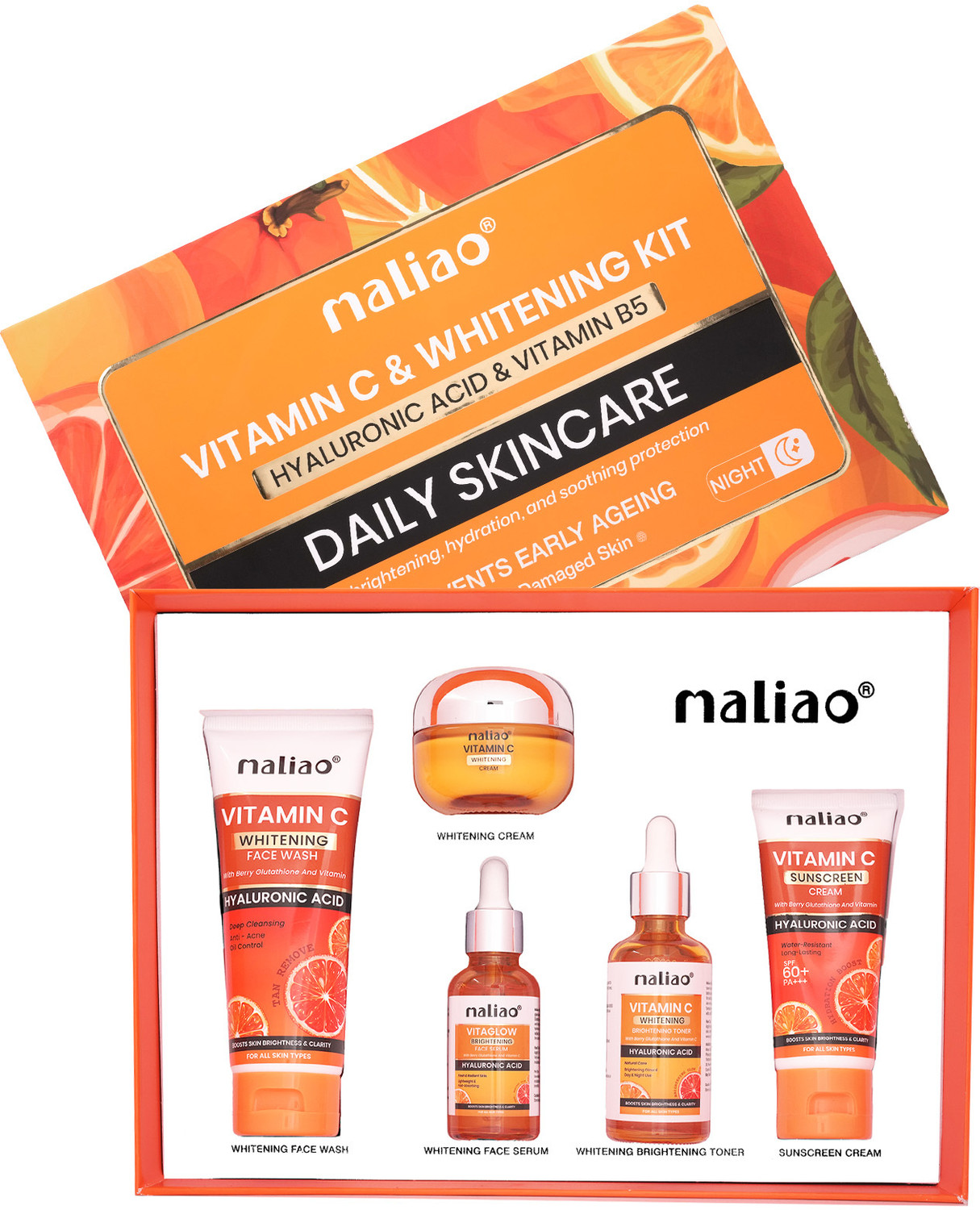 Image of maliao Makeup 5 Piece Organic Vitamin C Skin Care Set ( Sunscreen + Serum + Face Wash + Whitening Cream + Toner ) 330g