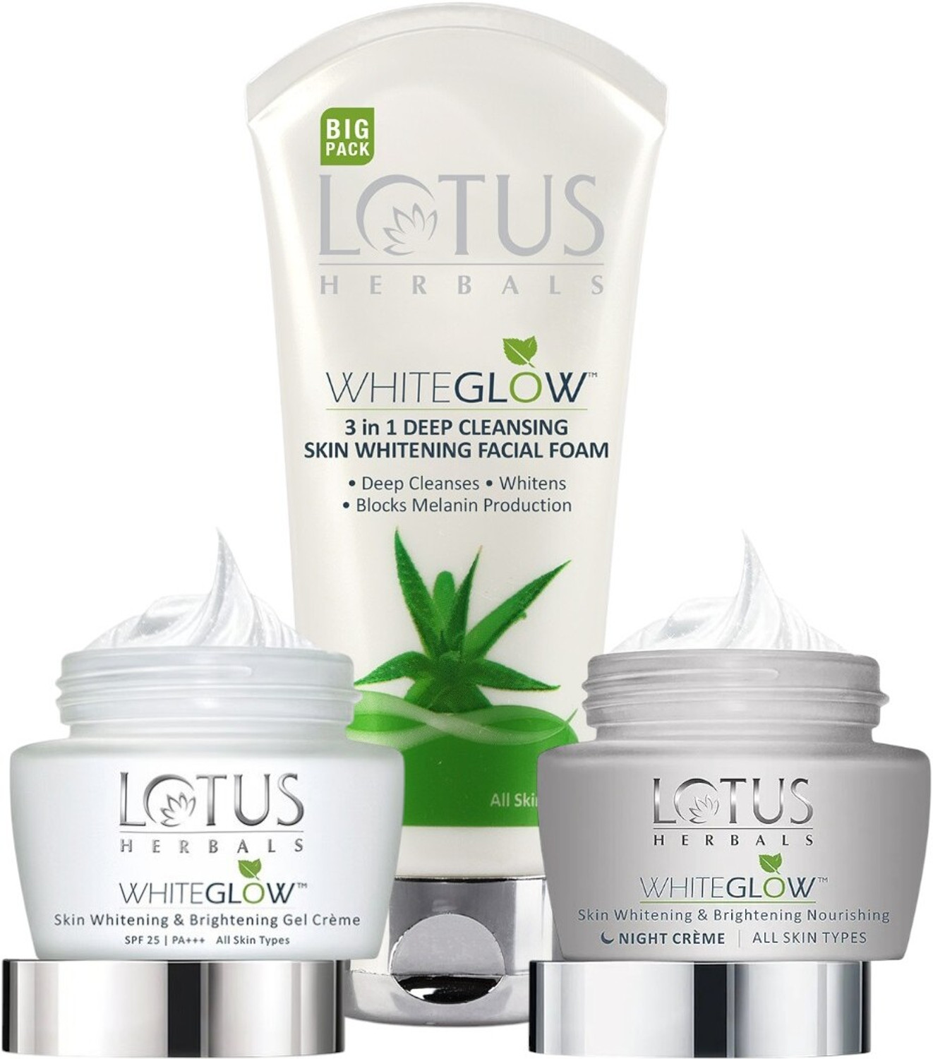 Image of LOTUS HERBALS Whiteglow Skin Whitening & Brightening Gel Cream with night cream WITH WhiteGlow 3 In 1 Deep Cleansing Skin Facial Foam 200G