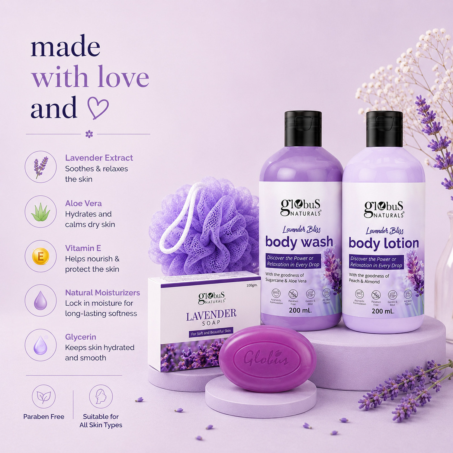 Image of Globus Naturals Rakhi Special Lavender Skincare Gift Combo for Women | Body Wash 200ml, Body Lotion 200ml, Soap 100g & Loofah