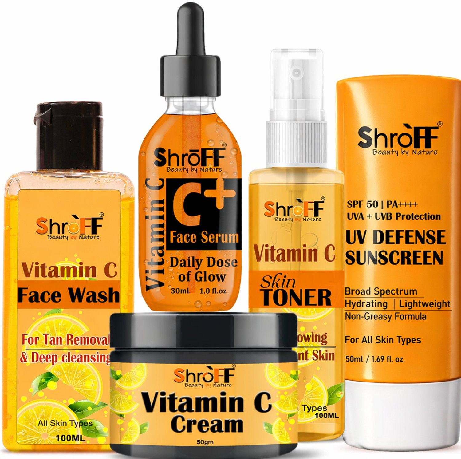 Image of Shroff Vitamin C Complete Skincare Combo - Face Wash, Toner, Serum, Cream & Sunscreen SPF 50 for Brightening