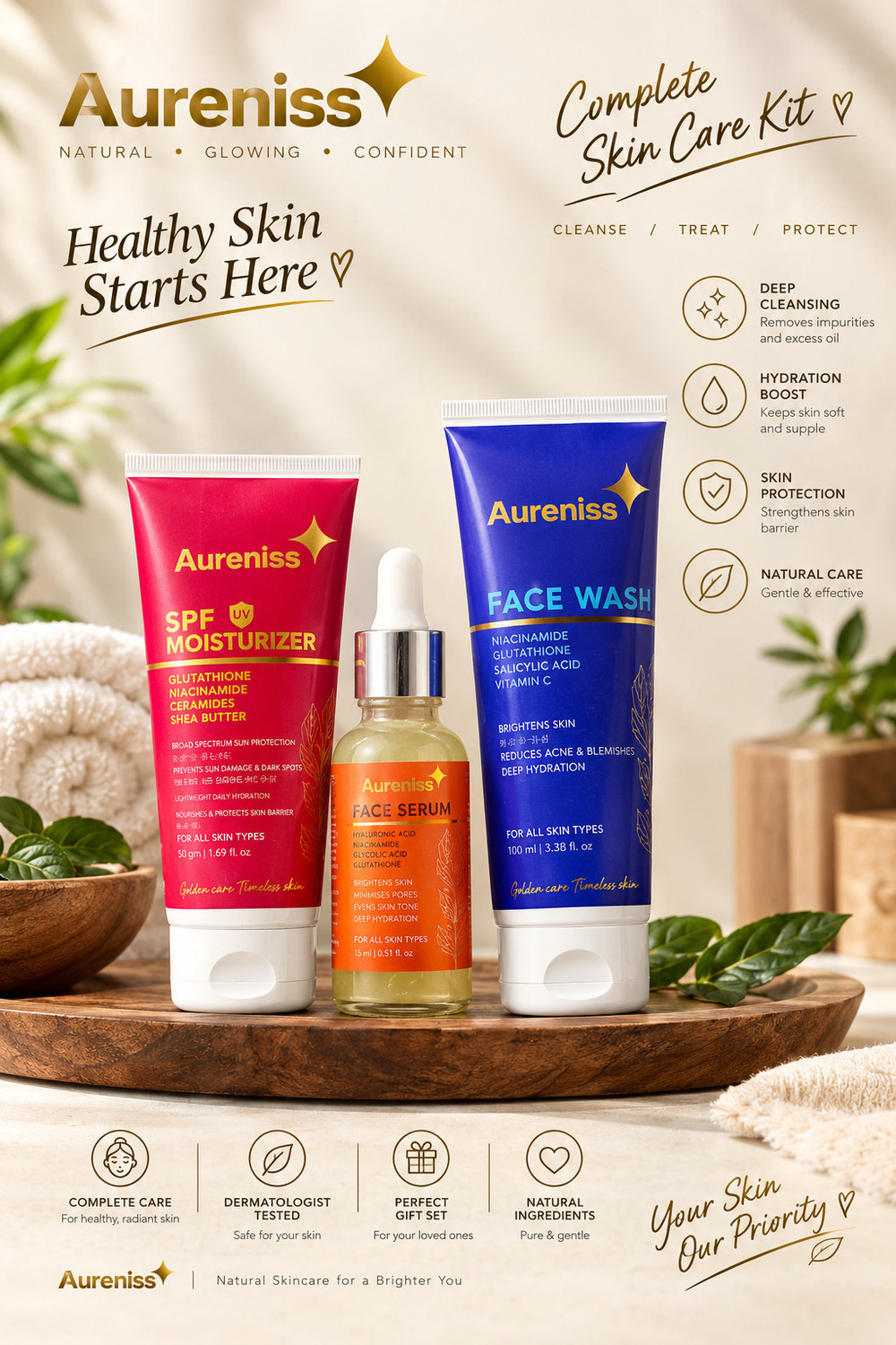 Image of aureniss Face Care Combo | SPF Moisturizer + Face Wash + Face Serum | Niacinamide, Glutathione & Vitamin C | All Skin (3 Items in the set)
