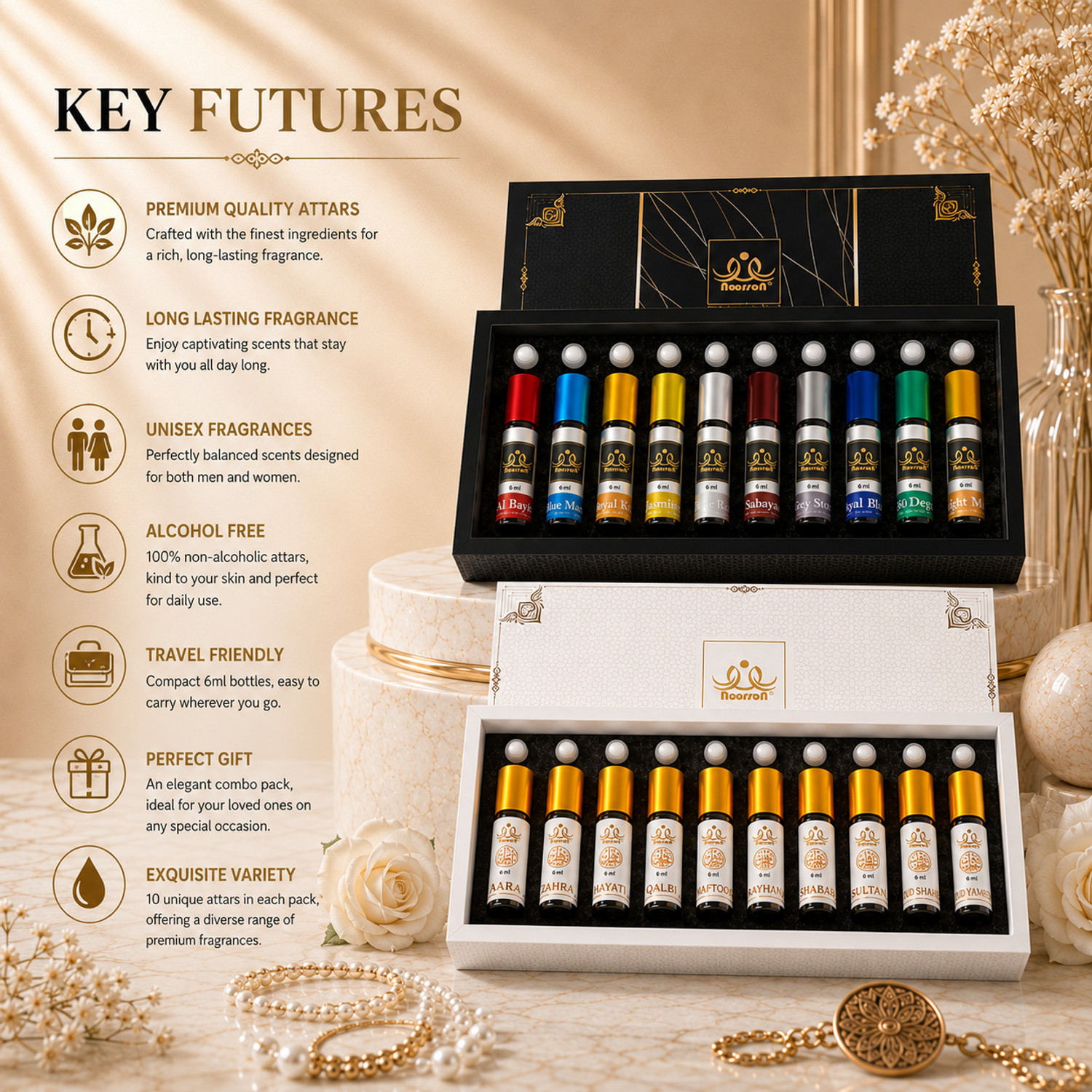 Image of Noorson Ibadat & Classic Attar Perfume Gift Set - Alcohol-Free, Long-Lasting Fragrance Floral Attar