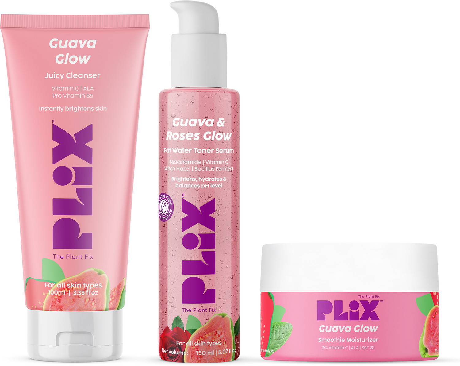 Image of The Plant Fix Plix Guava Regime Glowy Skin Hydrating Cleanser, Toner Serum, Smoothie Moisturizer
