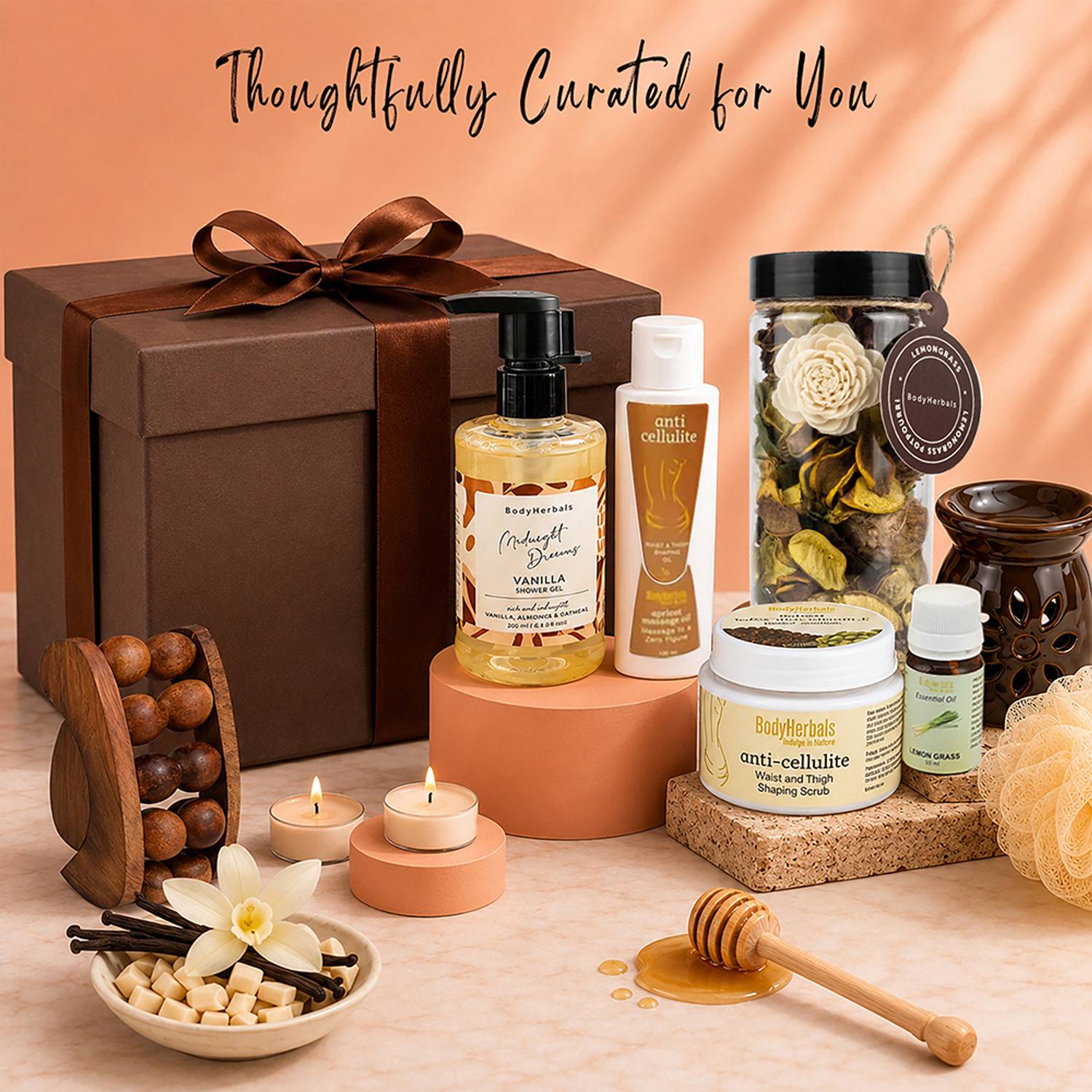 BodyHerbals Anti Cellulite Coffee Spa Hamper For Ultimate Bath & Body Experience (Vanilla Shower Gel 200ml, Apricot Body Massage Oil 65ml, Coffee Body Scrub 125gms, Body Roller Massager, Aroma Diffuser, Lemongrass Potpourri, Bath Puff) Bath Set & Kits, Body Care Gifts For loved ones, Birthday Gifts, Gifts for Couples, Sensual Bath, LuxuryBath, Gifts For Men and Women, Gifts for Girls and Boys, Wedding Gifts, Anniversary Gifts